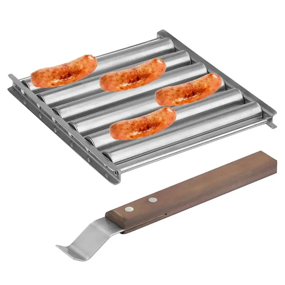 Edelstahl Hot Dog Rack Wurst Roller BBQ Grill Zubehör Bratwurst Gestell mit Holzgriff
