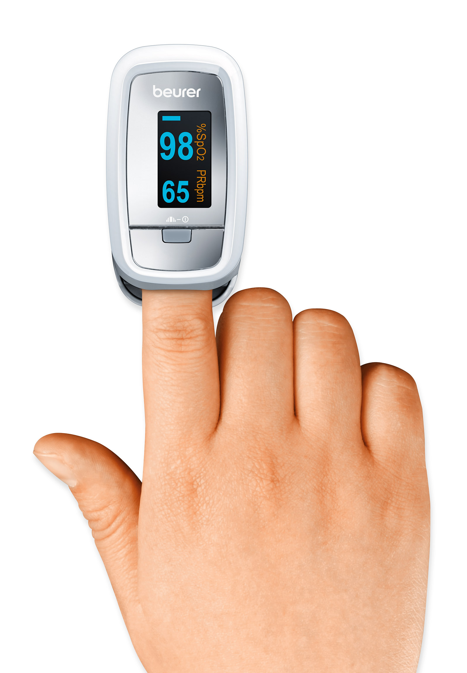 PO 30 Finger Pulsoximeter Sauerstoff (SpO2) Pulsfrequenz Messgerät mit OLED Anzeige inkl. Batterien (45430) - Weiss / Grau