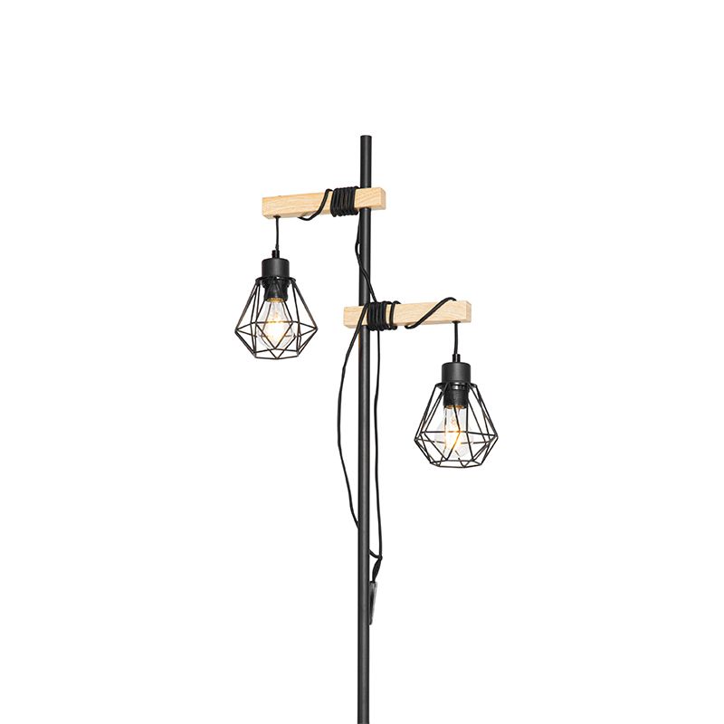 Landelijke vloerlamp zwart met hout 2-lichts - Chon