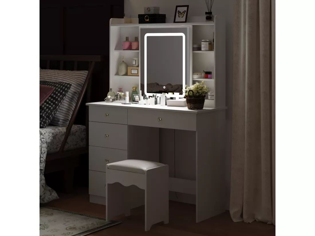 Coiffeuse avec éclairage LED et miroir coulissant, éclairage tricolore,tabouret, 5 tiroirs, 100x40x140 cm,Blanc