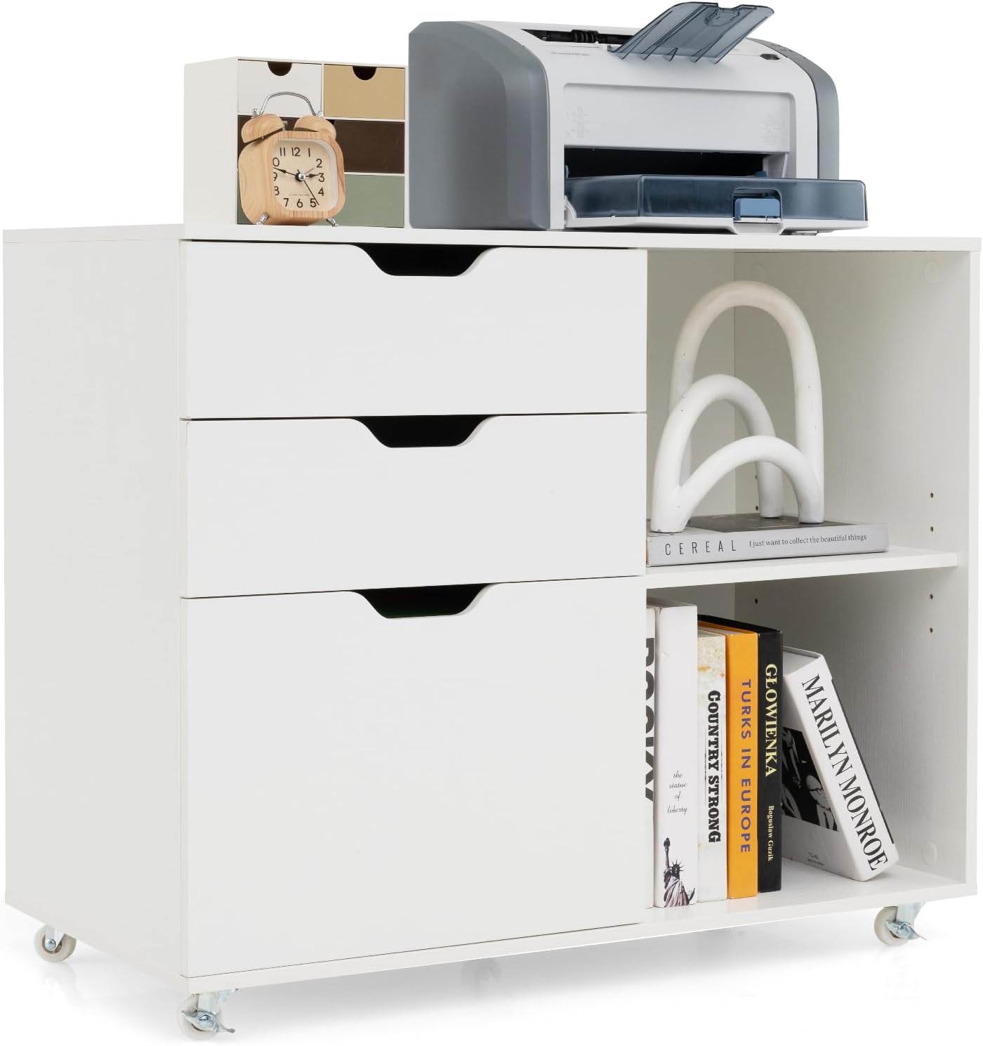 GOPLUS Rollcontainer, mobiler Aktenschrank mit 5 Rollen, 3 Schubladen und 2 offenen Fächern, Beistellschrank Büroschrank Druckerschrank für Dokumente im A4-, Letter- & LegalFormat (Weiß)