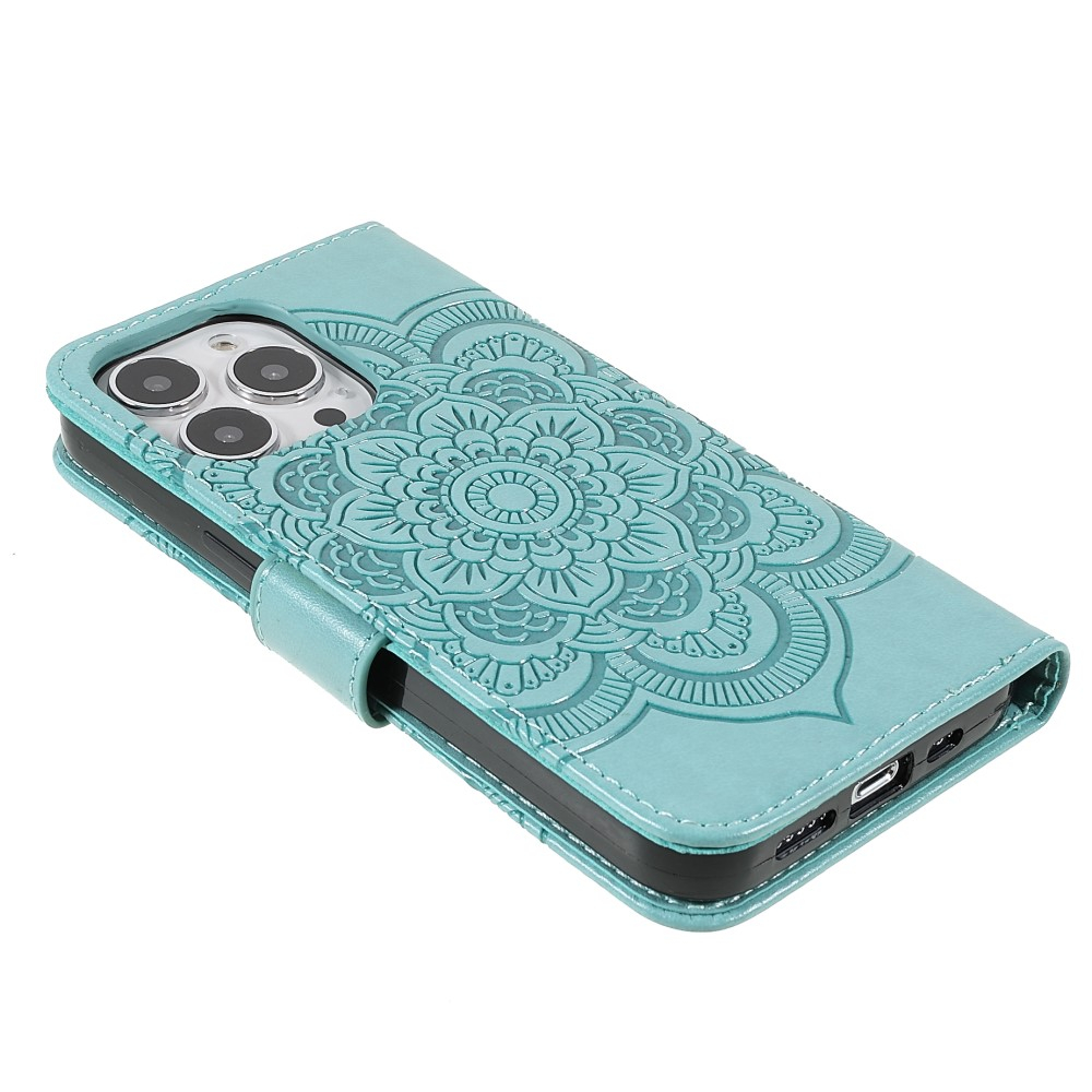 iPhone 13 Pro Leder Tasche Wallet - Mandala Flowers Imprint - Türkis