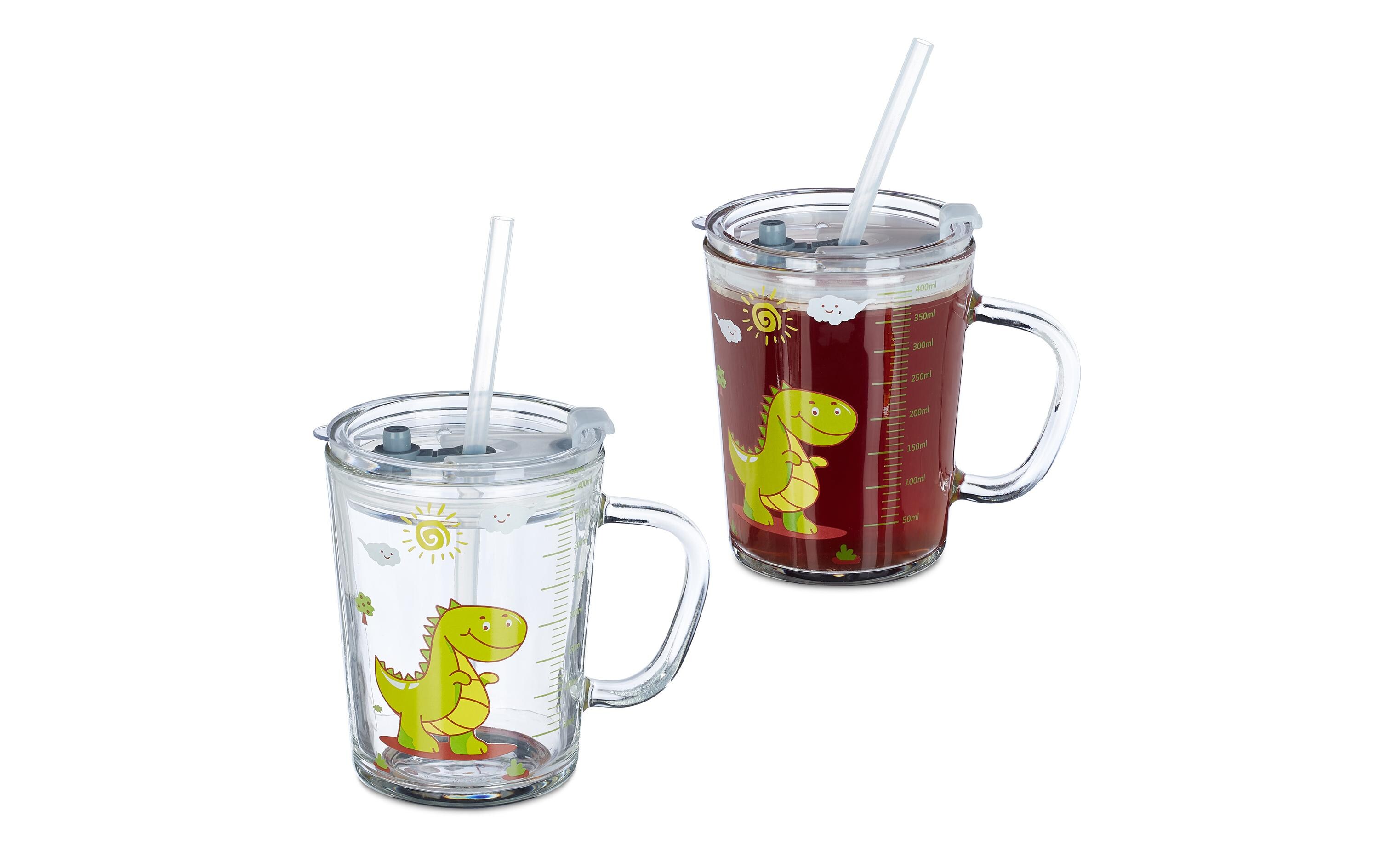Kindertrinkbecher Dino 400 ml 2er Set, GlasNiedliches Gläser-Set mit Deckel und Strohhalm