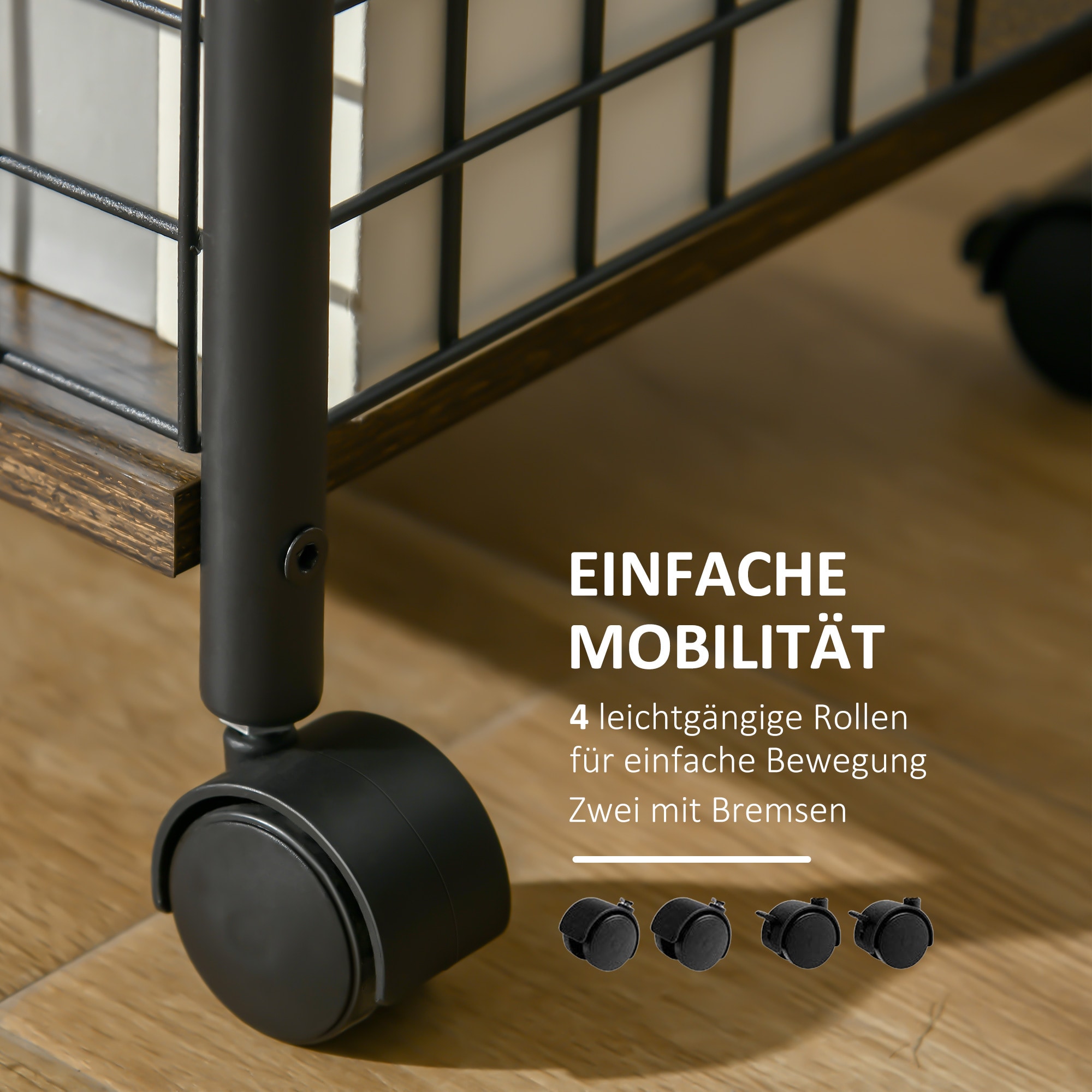 HOMCOM Küchenwagen mit 360°-Lenkrollen braun 40L x 30B x 62H cm
