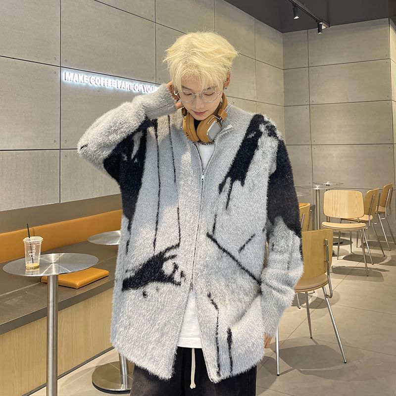 Hushgrain - Mock Neck Color Block Fluffy Zip Cardigan