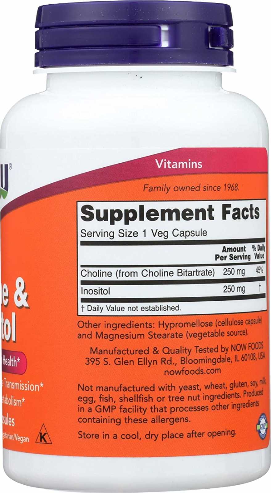 NOW Foods Colina e Inositol 500 mg 100 cápsulas