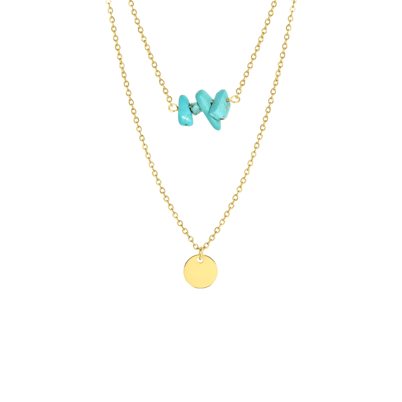 Stalen goldplated ketting met muntje en turquoise