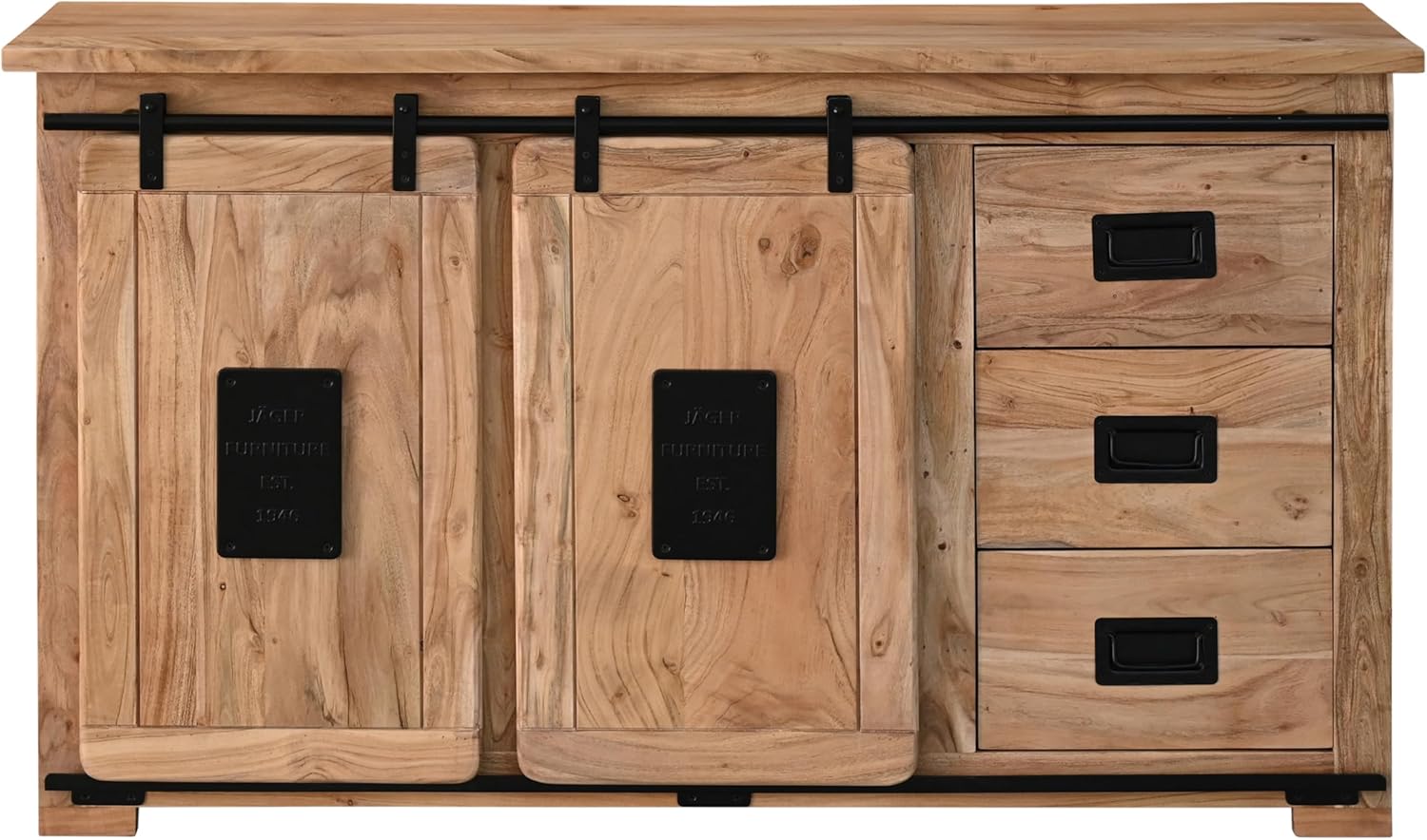 SAM Wein-Sideboard Libro, Akazienholz massiv + naturfarben, Weinschrank mit 2 Holzschiebetüren, 3 Schubladen, 3 offenen Fächern & 16 Flaschenfächern, Griffe & Reling aus Eisen, 145 x 45 x 85 cm