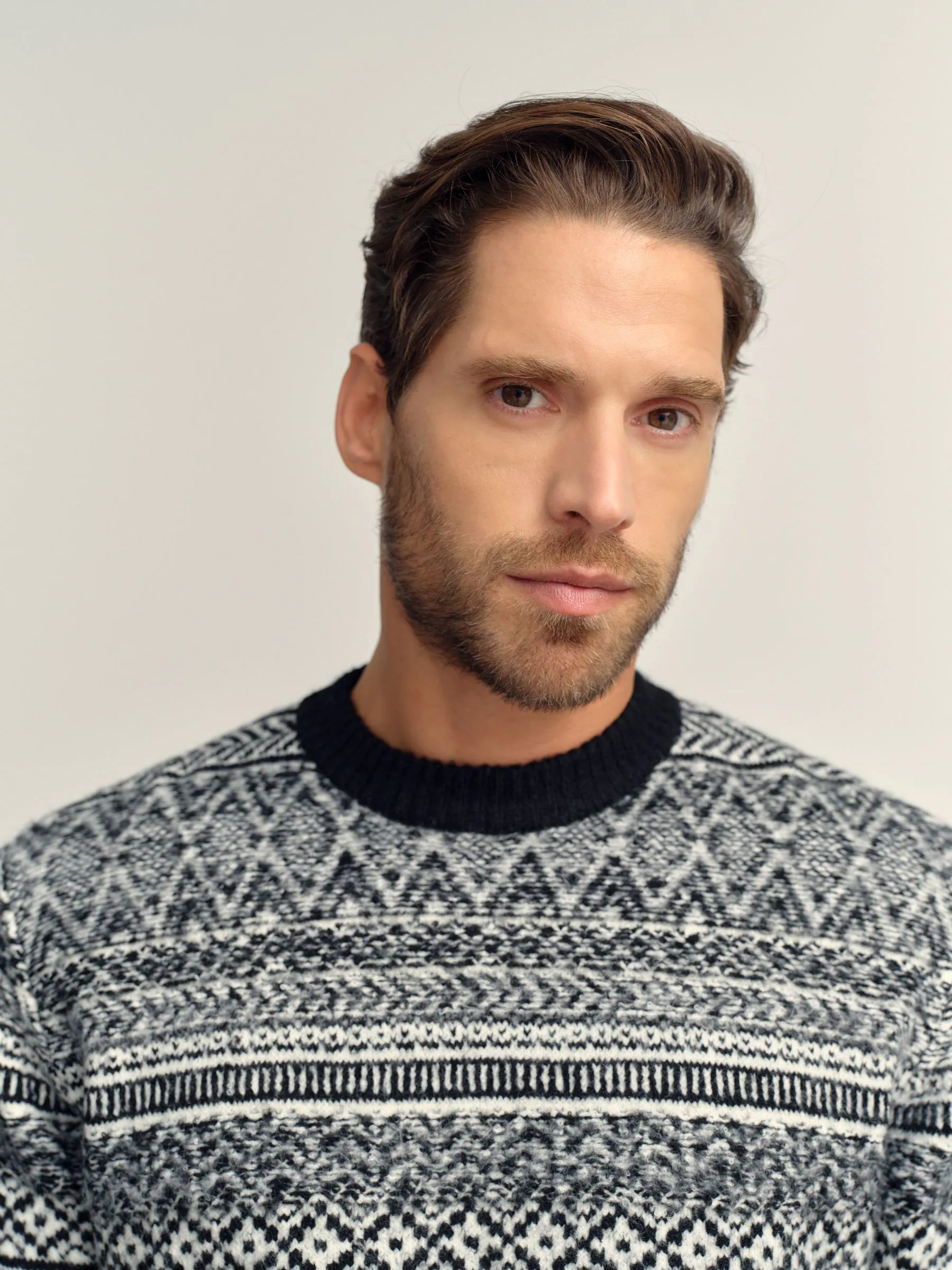 Zwart/wit - Regular Fit Fairisle Pattern Crew Neck Jumper
