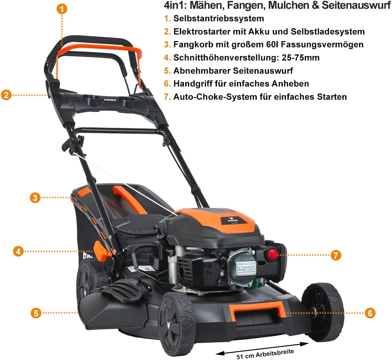 FUXTEC 4in1 Benzin Rasenmäher FX-RM5170eS mit E-Start, Gartenmäher inkl. Seitenauswurf-Funktion, 51 cm Schnittbreite, 4-Takt mit Hinterradantrieb, kugelgelagerte Big Wheel Räder, 60L Grasfangkorb