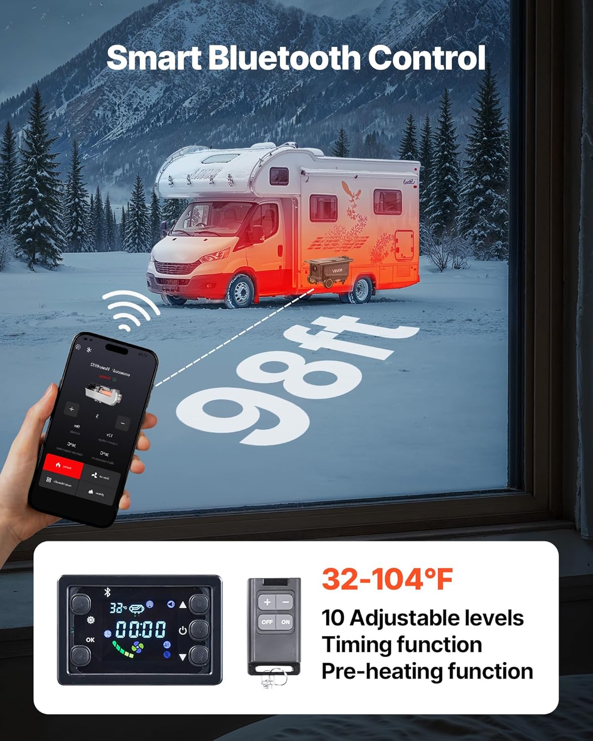 VEVOR Dieselheizung 8 kW DC 12 V/24 V, tragbarer All in One Diesel-Lufterhitzer mit Bluetooth-App-Steuerung & Fernbedienung & LCD-Bildschirm, Trolley-Design, 5 L Kraftstofftank für LKW