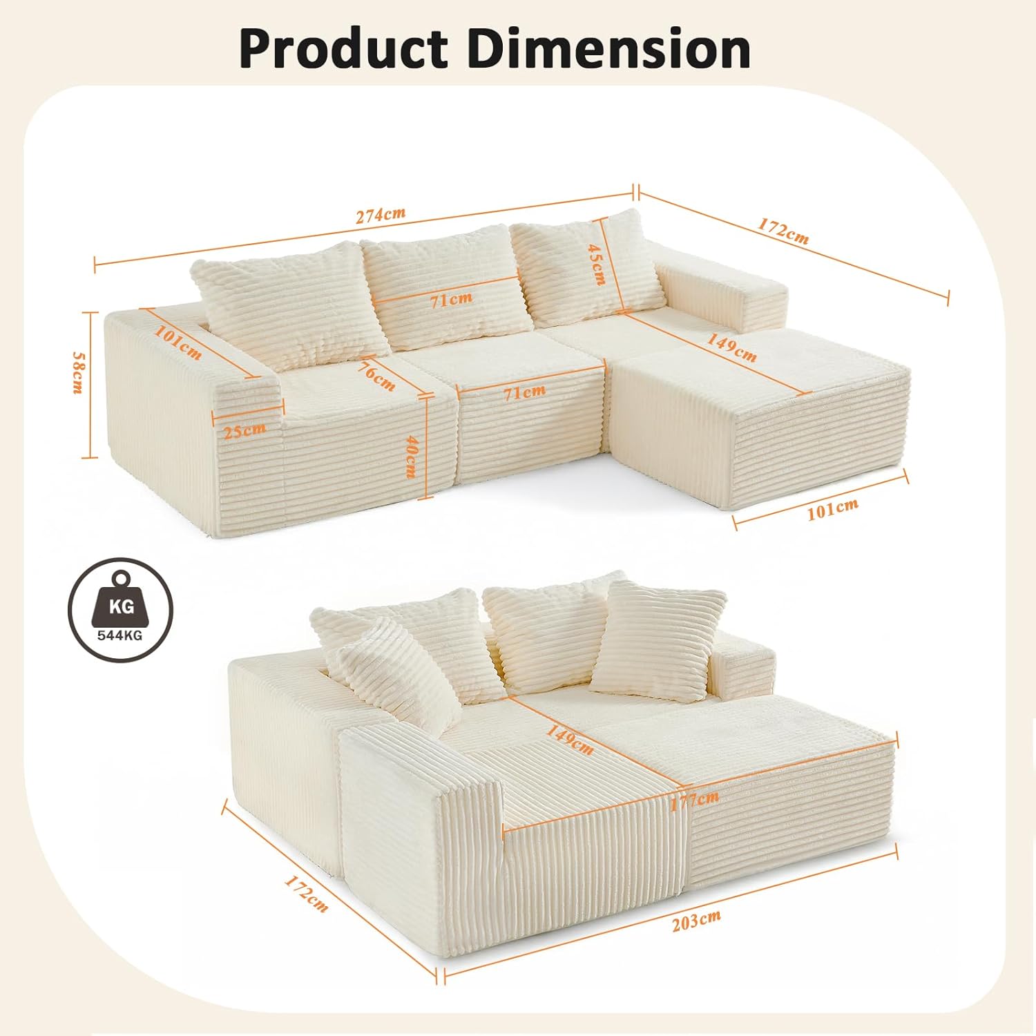 Vamcheer Ecksofa mit Schlaffunktion - Big Sofa Couch 3 Sitzer in L-Form, Modulares Boneless Schlafsofa als Wohnlandschaft, 274 x 102 cm, Beige