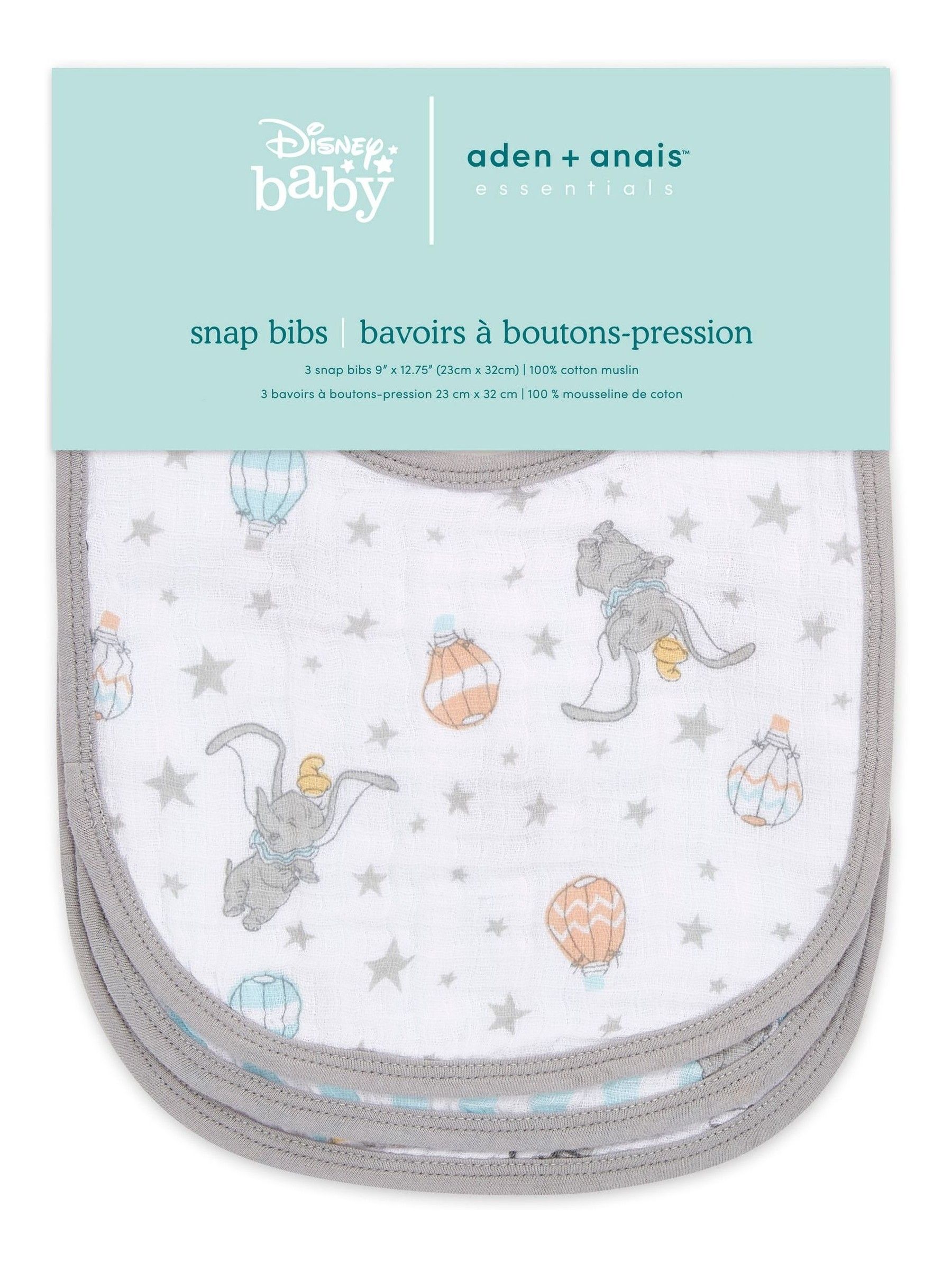 aden + anais Essentials Muslin Snap Dumbo verpakking van 3 100% katoenen mousseline babyslabbetjes met drukknoop