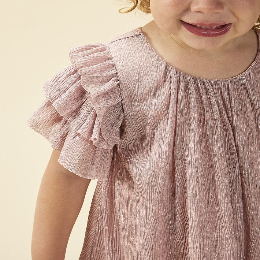 Robe de fête manches courtes brillante effet plissé pour bébé fille - Rose