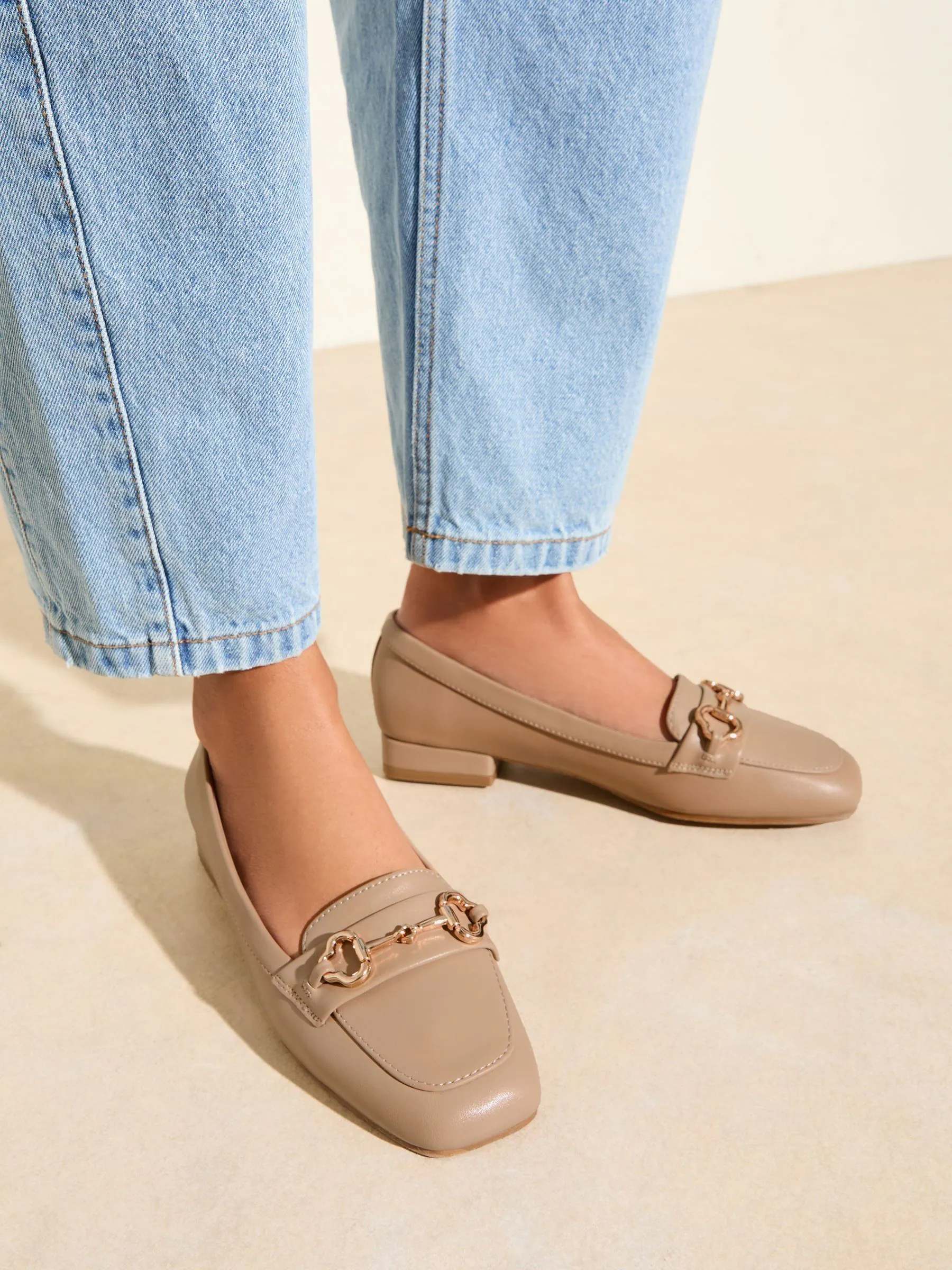 Taupe - Friends Like These Snaffle Square Toe Low Block Heel Comfort Faux Leather Loafer Shoes