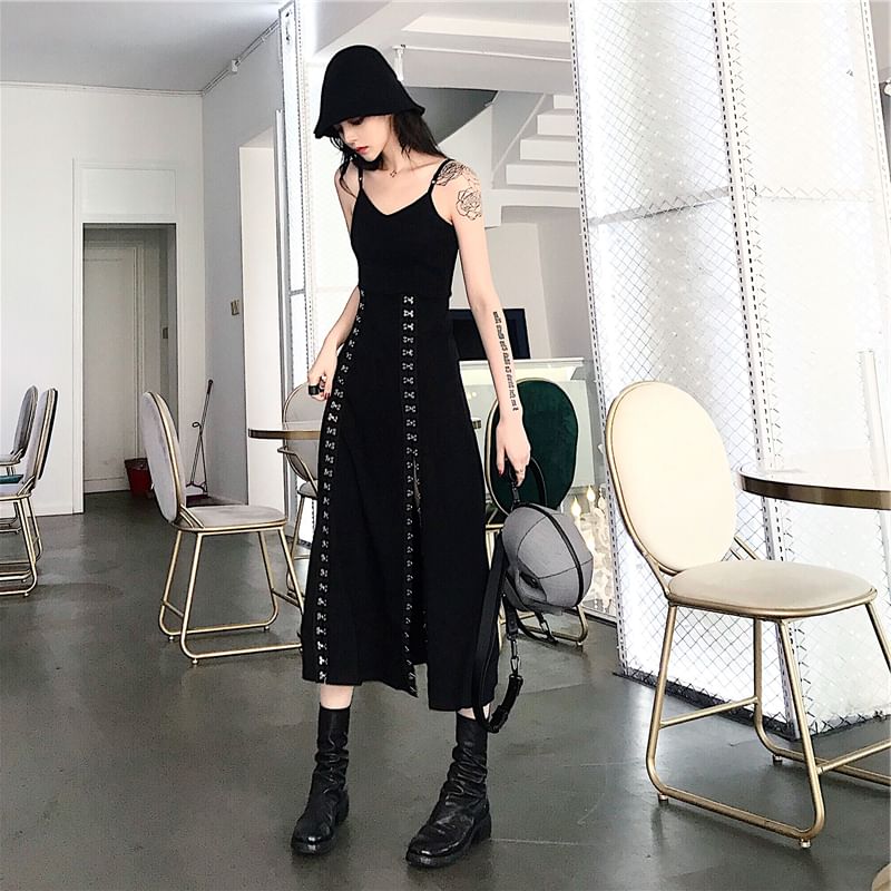 Warelmapo - Spaghettibandjes effen haak-en-oog split midi A-lijn jurk / Lange mouwen capuchon hoepel accent crop top / Set