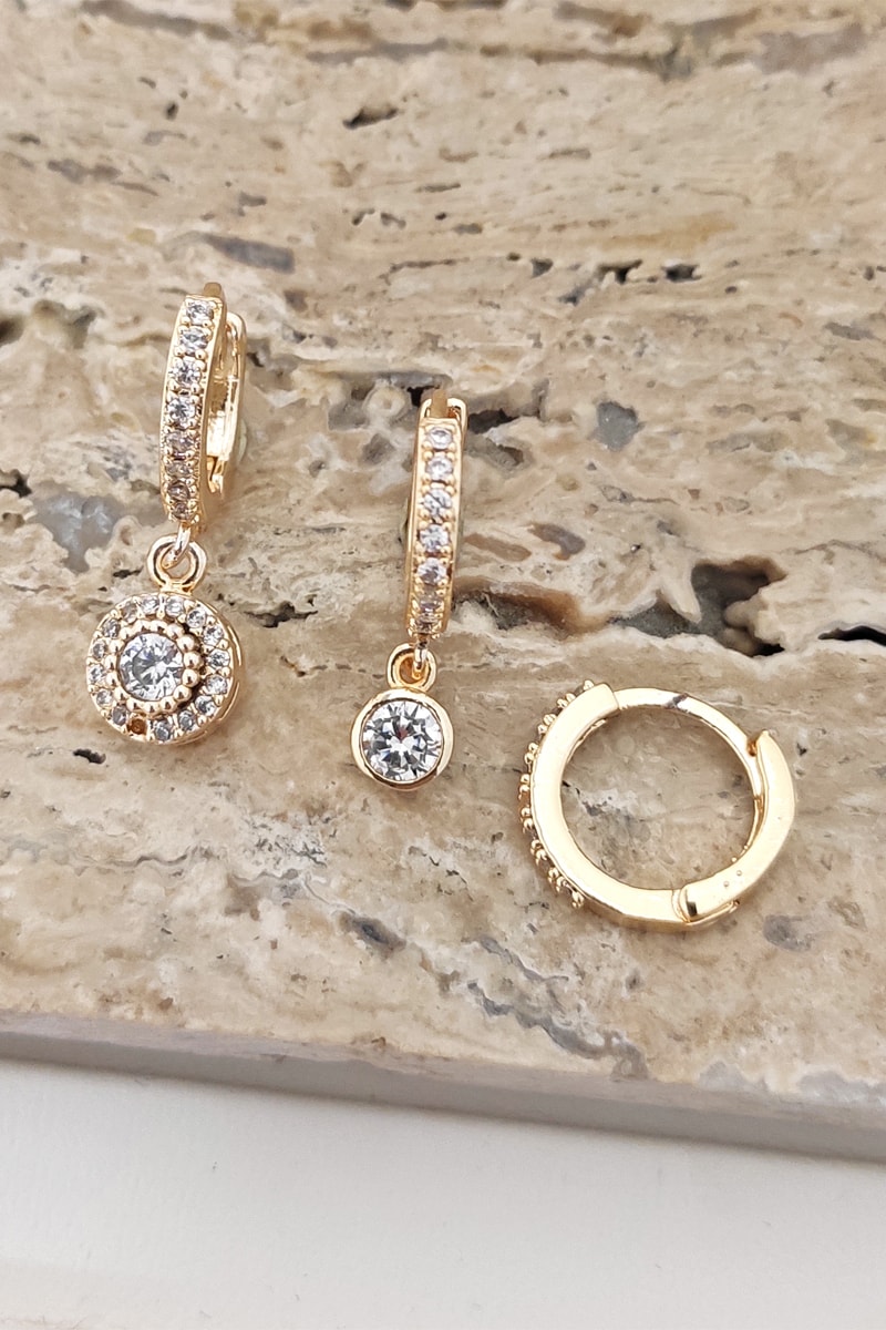 Trio boucles d'oreilles pendantes - Laiton plaqué or & zircon