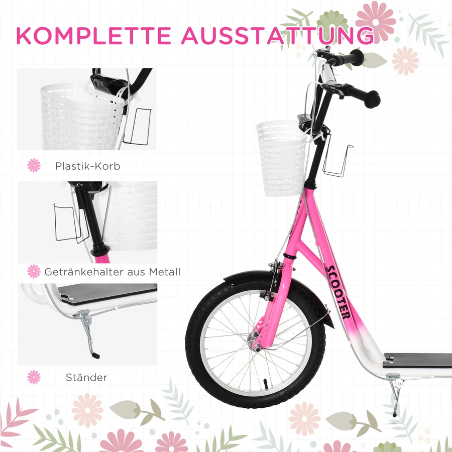 HOMCOM Kinderroller mit Vorderkorb rosa, weiß