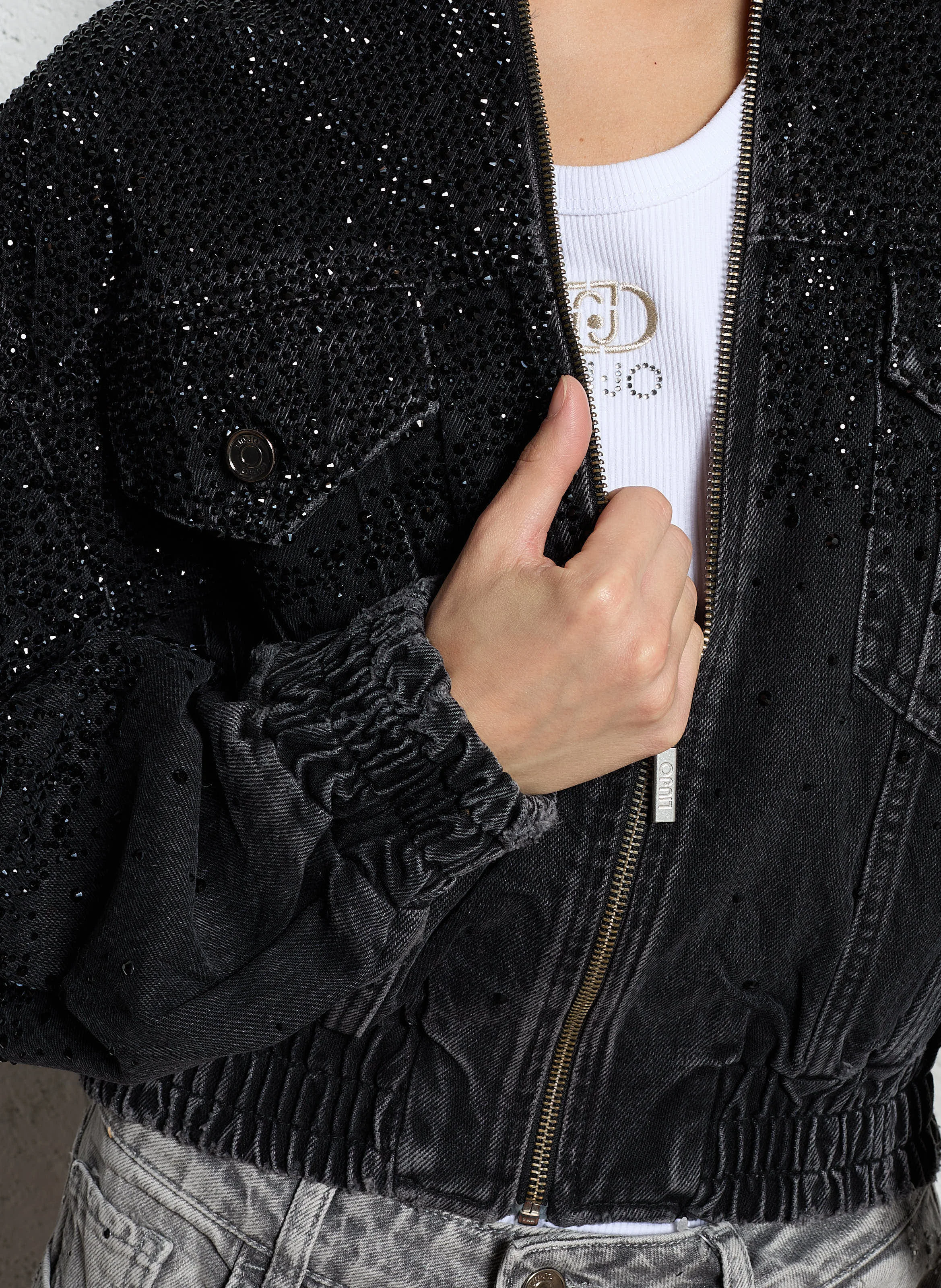 Bomber en denim à strass | Noir