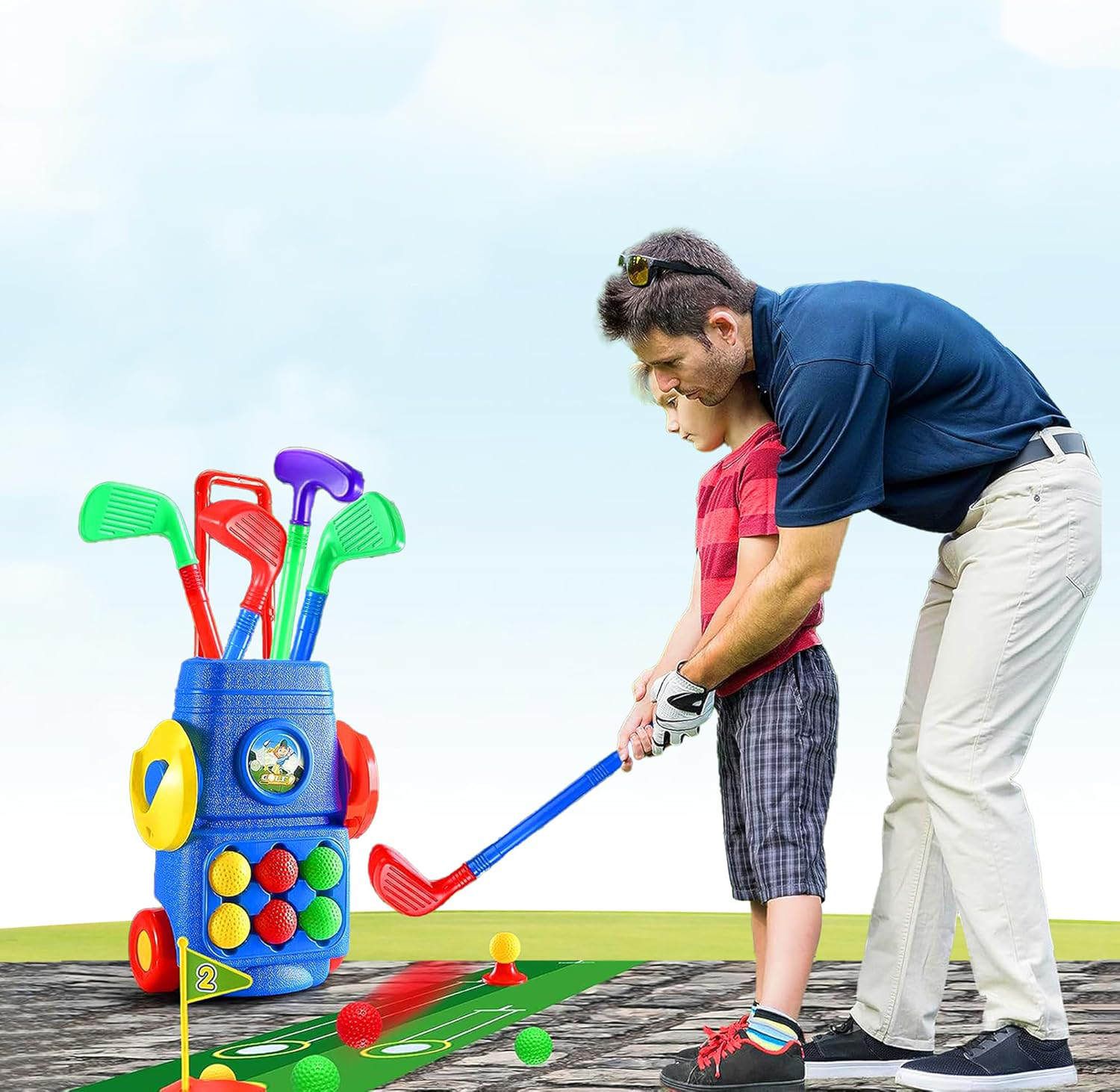 (15-tlg. Set) Mini Kinder Golf Koffer Minigolf Spielzeug inkl. Schläger / Bälle / Übungslöcher / Abschlagbasen - Bunt