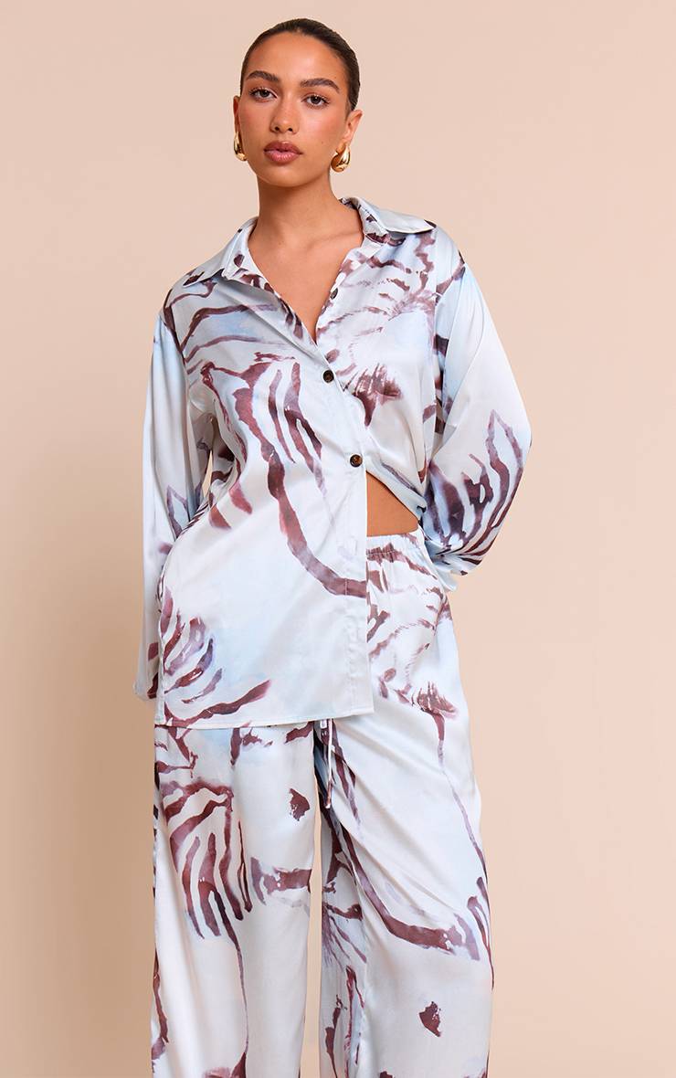 Blanc Chemise Surdimensionnée Satinée À Imprimé Avec Boutonnage