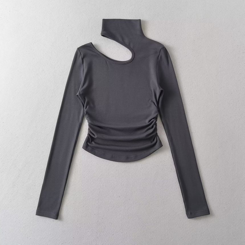 Morhan - T-shirt met lange mouwen, ronde hals, effen uitsnijding en gerimpelde, slanke pasvorm