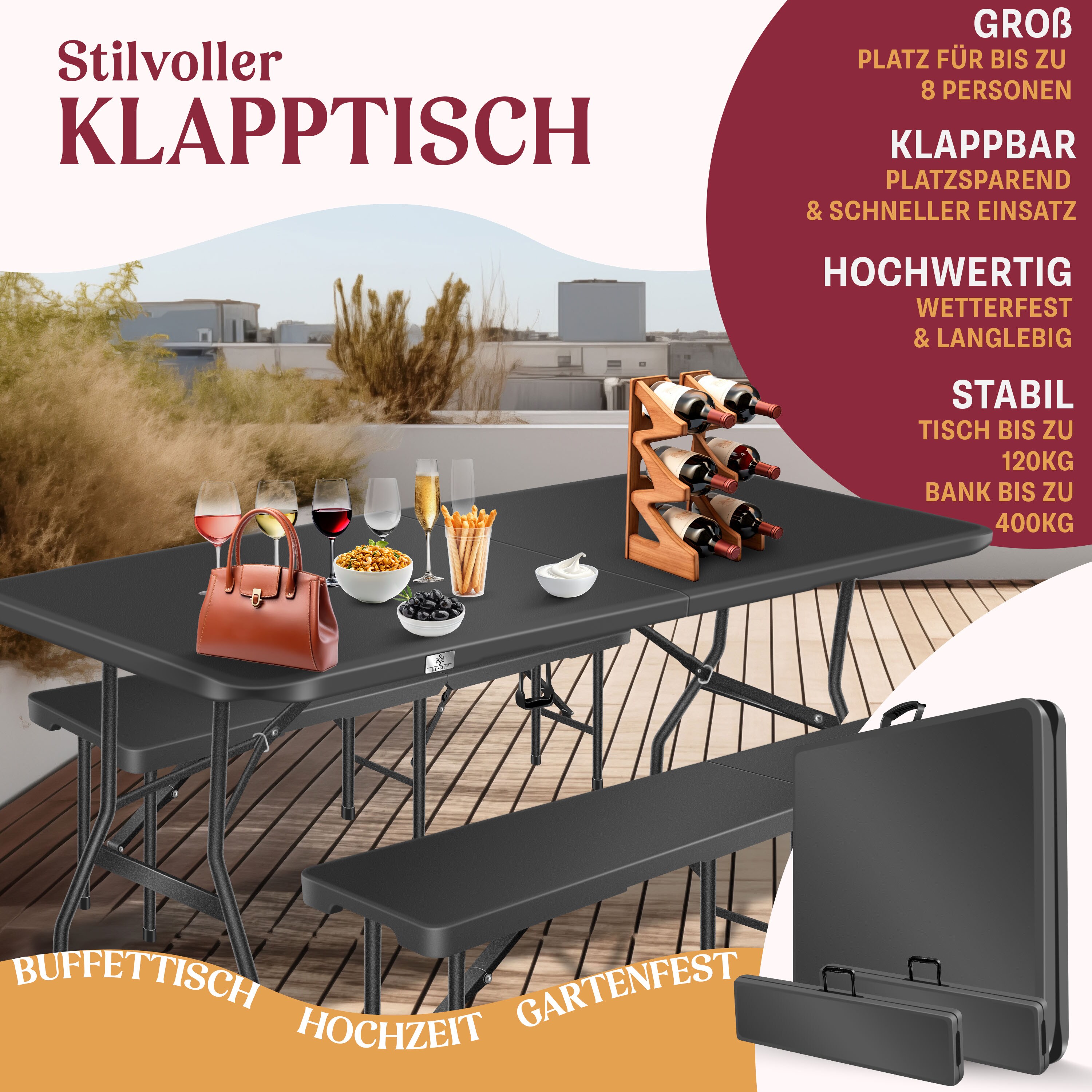 KESSER® Bierzeltgarnitur - 3-teilig Set, Tisch + 2 x Bank, für drinnen - draußen, klappbar, Tragegriffe, HxBxT: 73x180x75 cm , Kunststoff, Rattan-Look Gartengarnitur , Klapptisch , Gartentisch