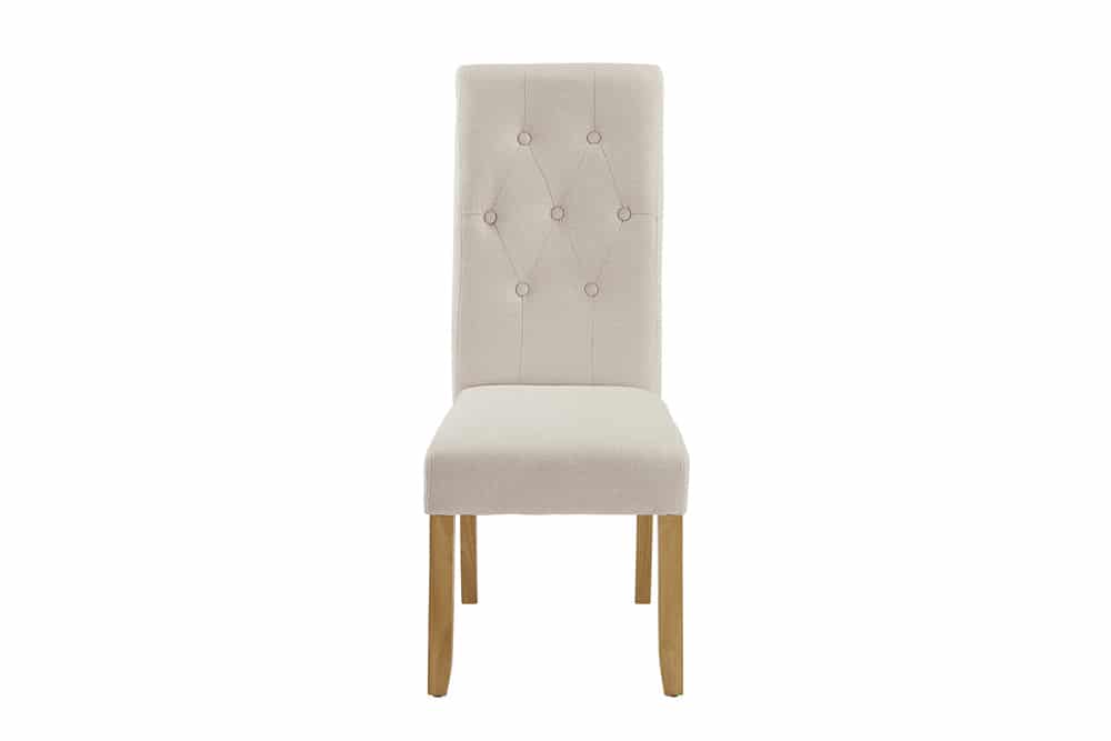 Design Stuhl CASA beige Strukturstoff Massivholzbeine mit Zierknöpfen und Nackenrolle