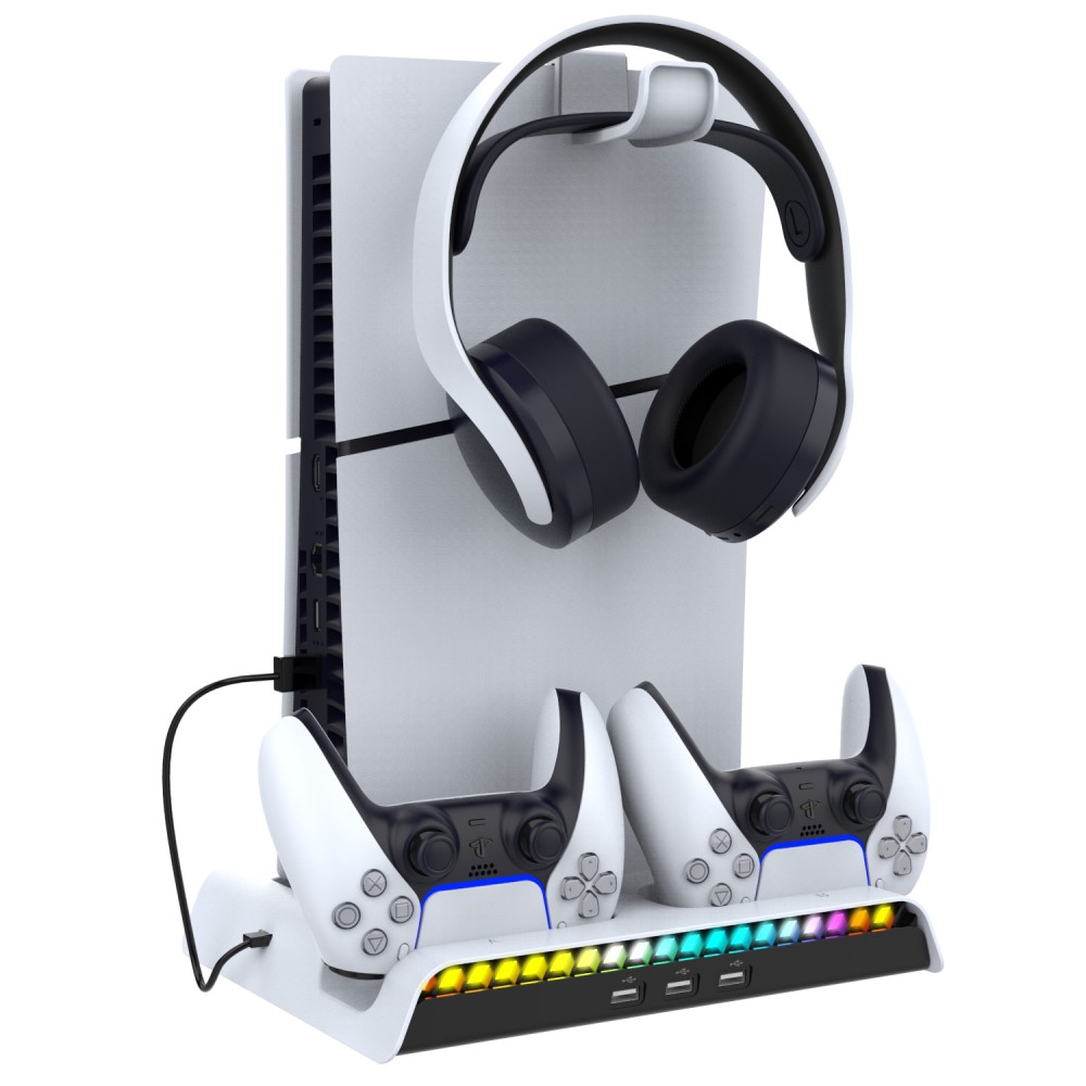 Sony PlayStation PS5 Halterung mit Lüfter und Controller Dual Ladestation   3x USB A / 1x USB C   Headset Halterung und RGB LEDs - Weiss