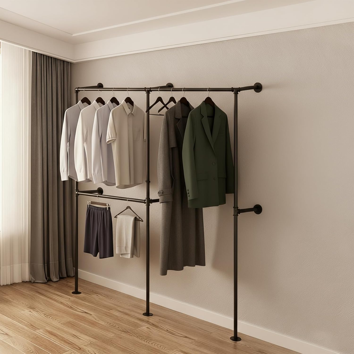 Offener Kleiderstange Wandmontage 300kg Traglast, Begehbarer Kleiderschrank mit 3 Kleiderstangen, 210cm x 180cm Industrial Kleiderschrank oder Kleiderständer Schwarz aus Metall Wasserrohren