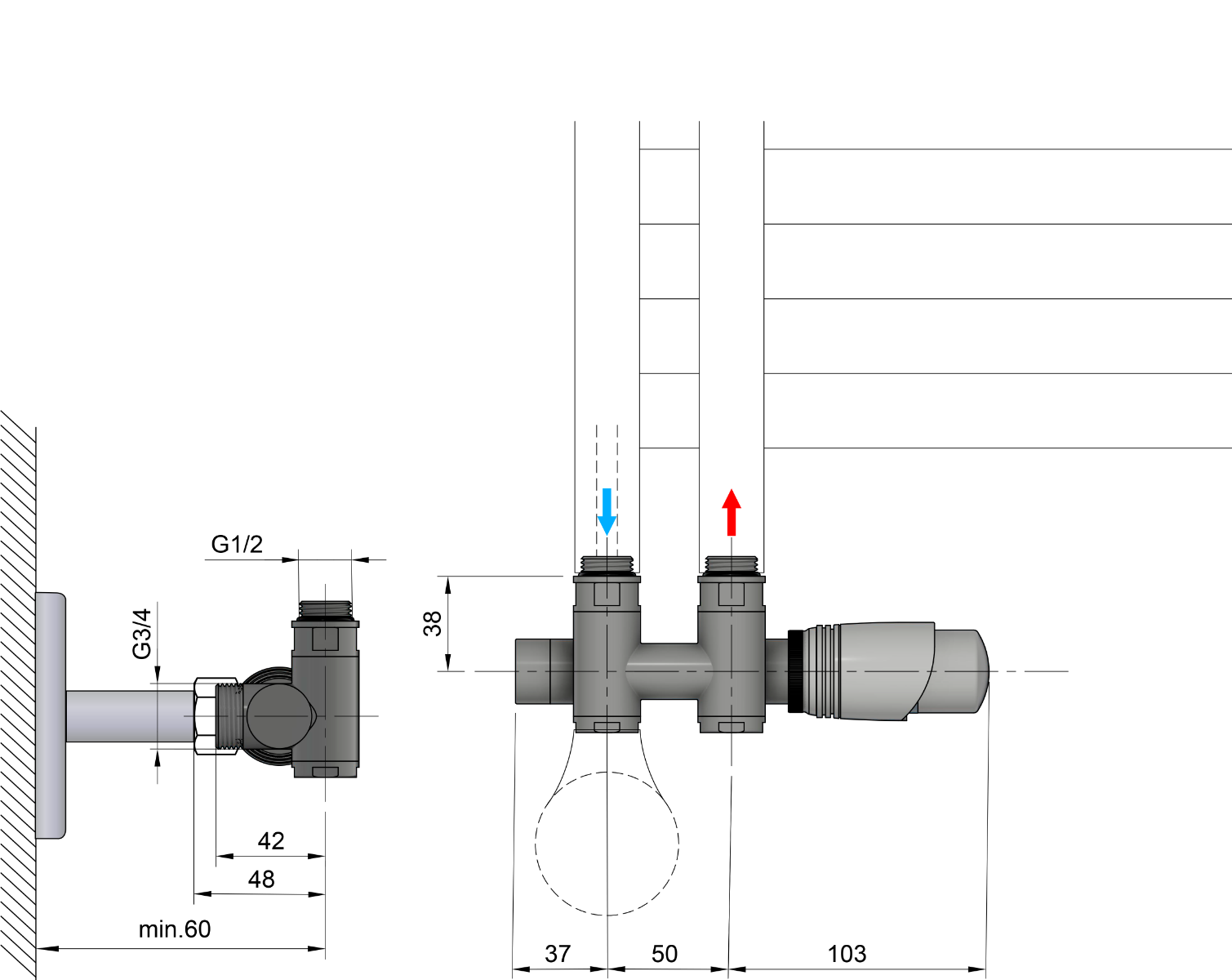 Bruckner Wicher Combi radiator aansluitset midden onder wit
