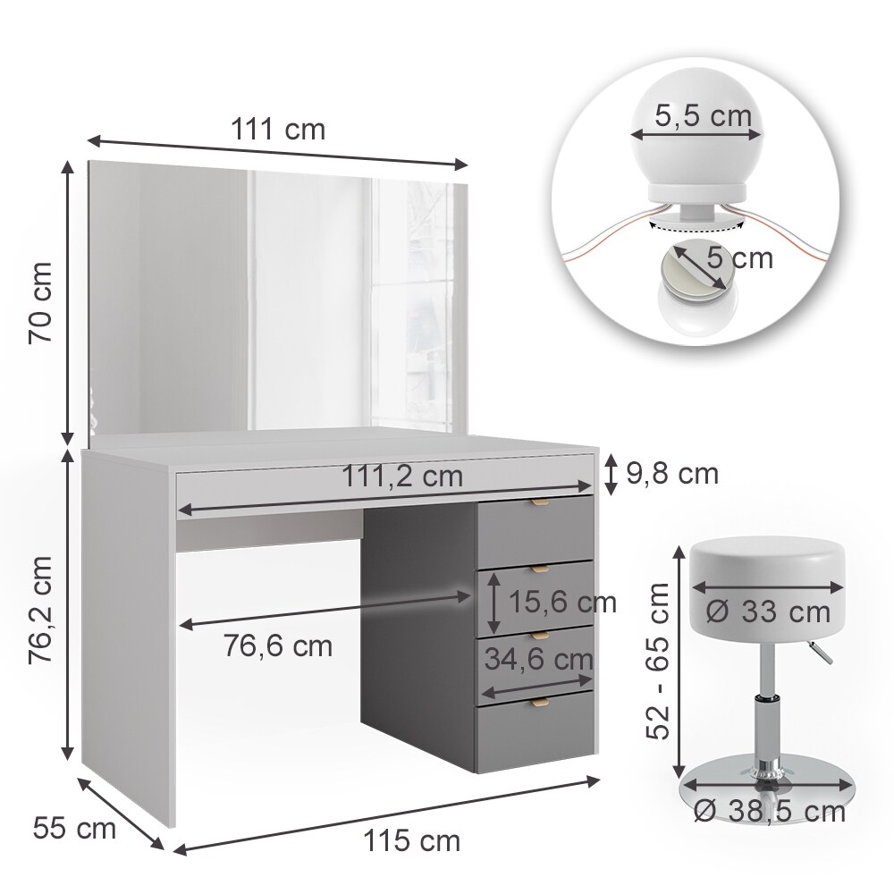Vicco Schminktisch Elise Weiß Grau 115 x 76 cm modern Frisiertisch Schubladen Spiegel Hocker LED-Beleuchtung