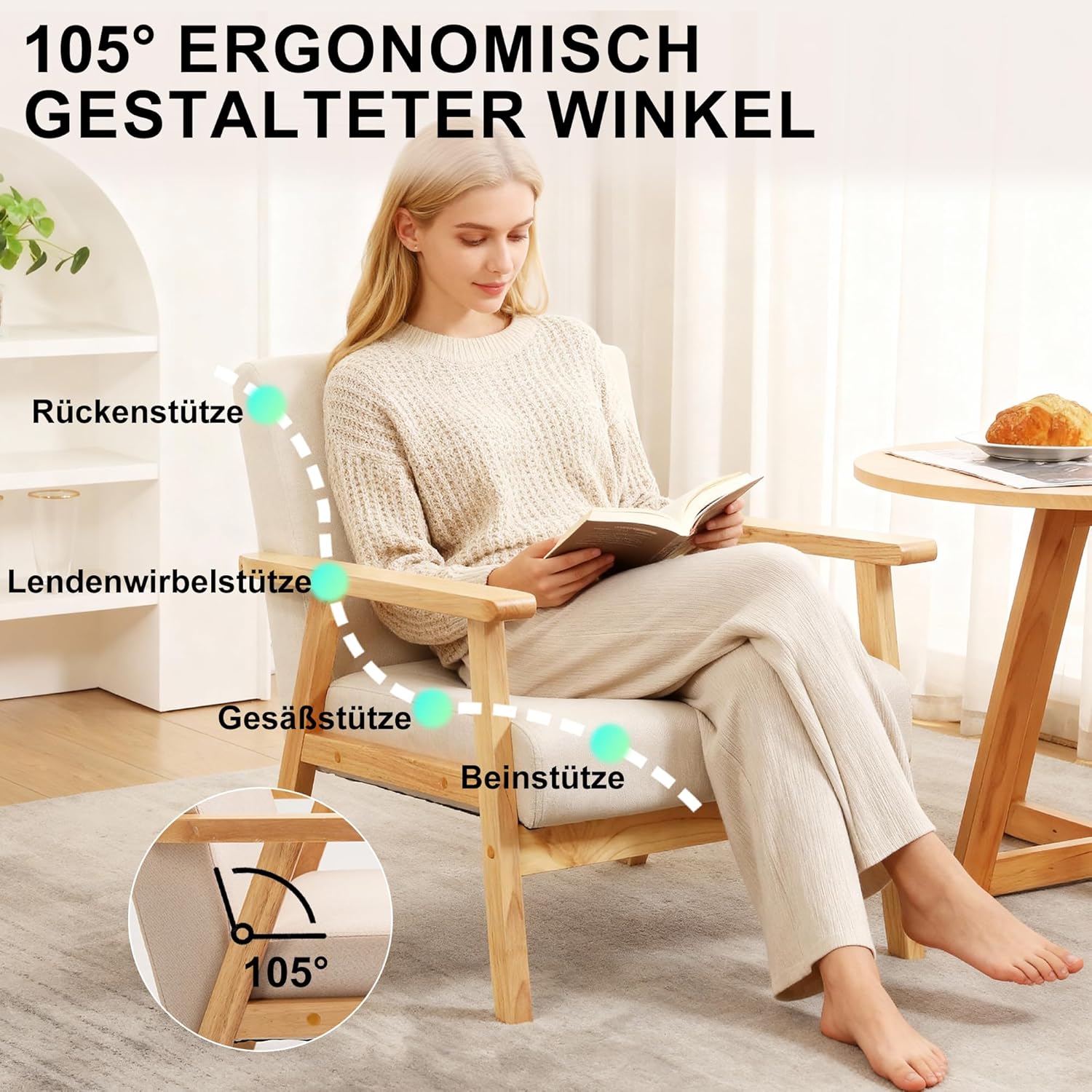 Mingone Sessel Gepolsterter Cocktailsessel Skandinavischer Stil Loungesessel Modern Einzelsofa Massivholz für Wohnzimmer Schlafzimmer Beige,64.5x67x73.5 cm