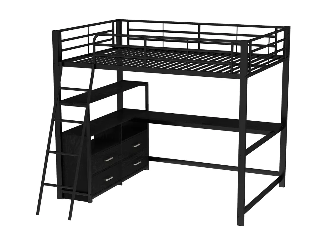 Lit mezzanine 140x200cm - bureau d'angle avec tiroirs - en MDF et métal - Noir