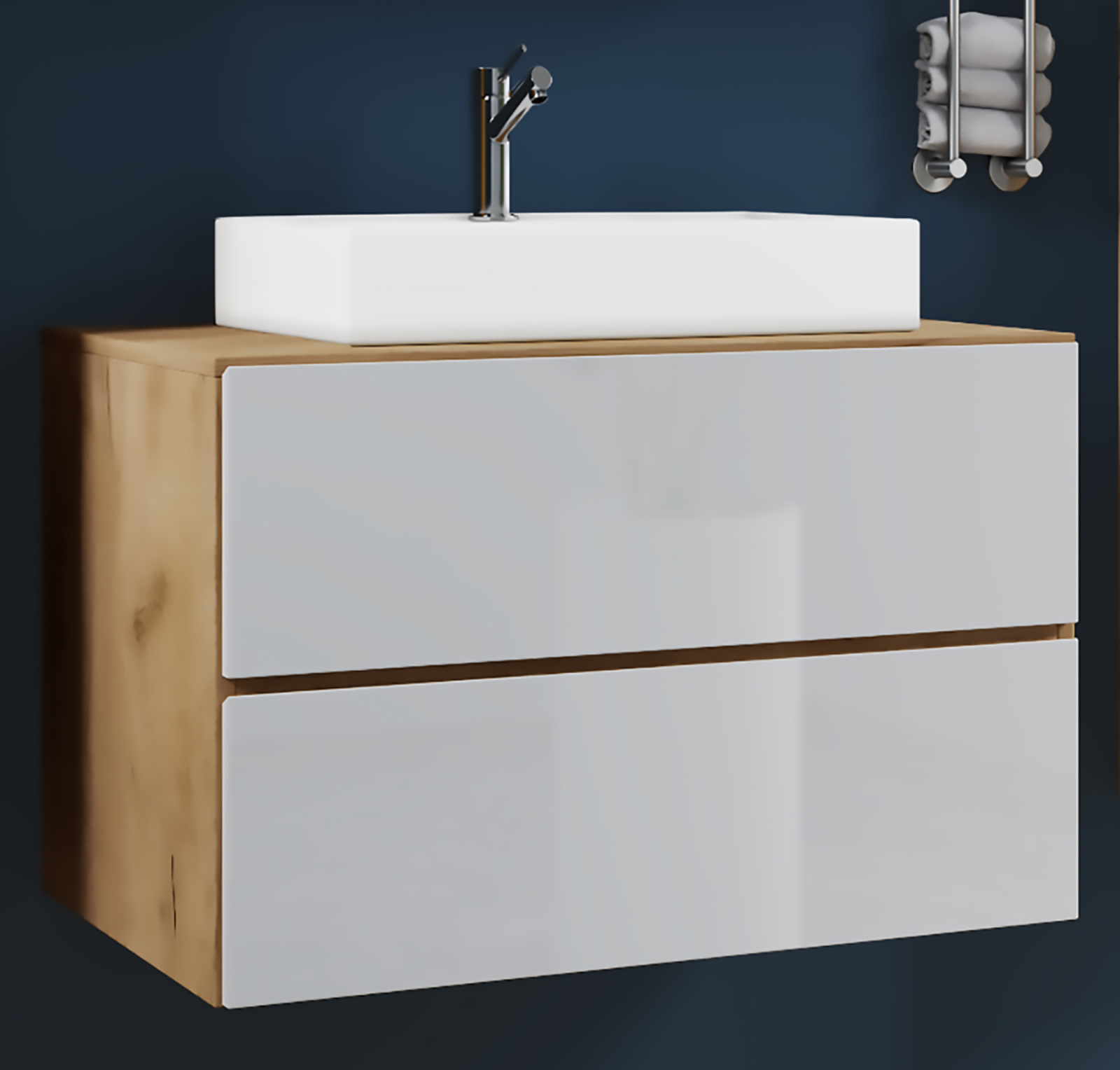 Waschtisch LENDAS S - weiß - Honig Eiche - Keramik-Waschbecken - 80 cm