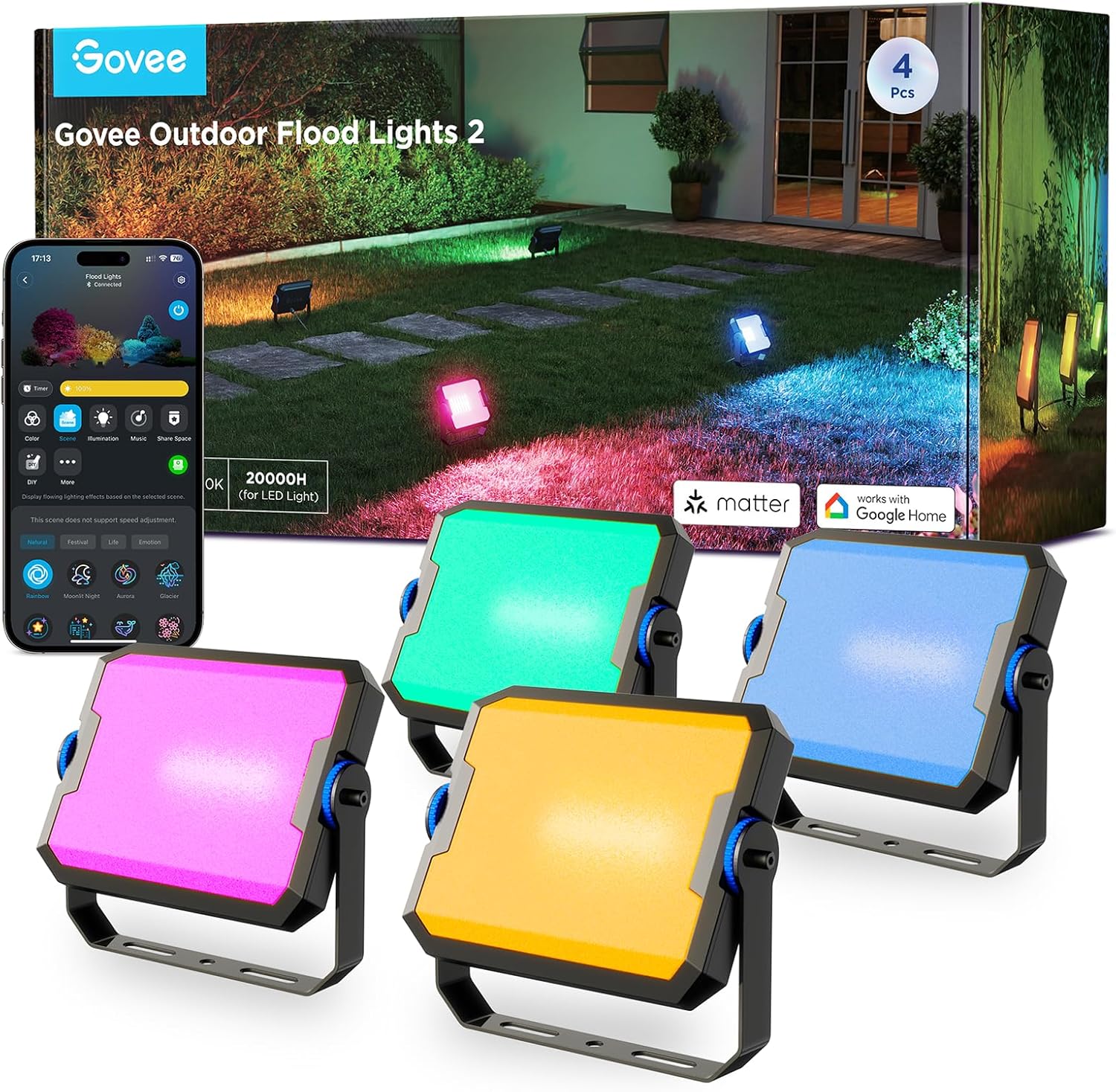 Govee Outdoor LED Strahler 48W, RGB Strahler Außen mit Kalt/Warmweißes Licht Bis zu 4000LM, Kompatibel mit Alexa, Matter, 50+ Szenen, IP66 Wasserdicht Flutlicht für Garten, Landschaft Deko, 4pcs