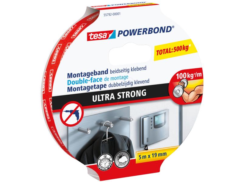 tesa Montageband Powerbond Ultra Strong 19 mm x 5 m, Weiss Montageband, 19 mm x 5 m