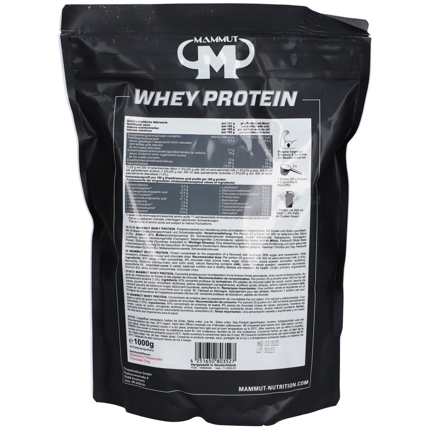 MAMMUT Whey Protein Strawberry Cheesecake Chocolate Chip Pulver