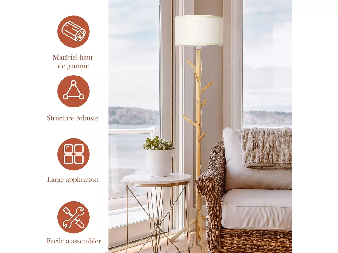 Lampe sur pied 185cm 2 en 1 porte manteau en bois avec 6 crochets