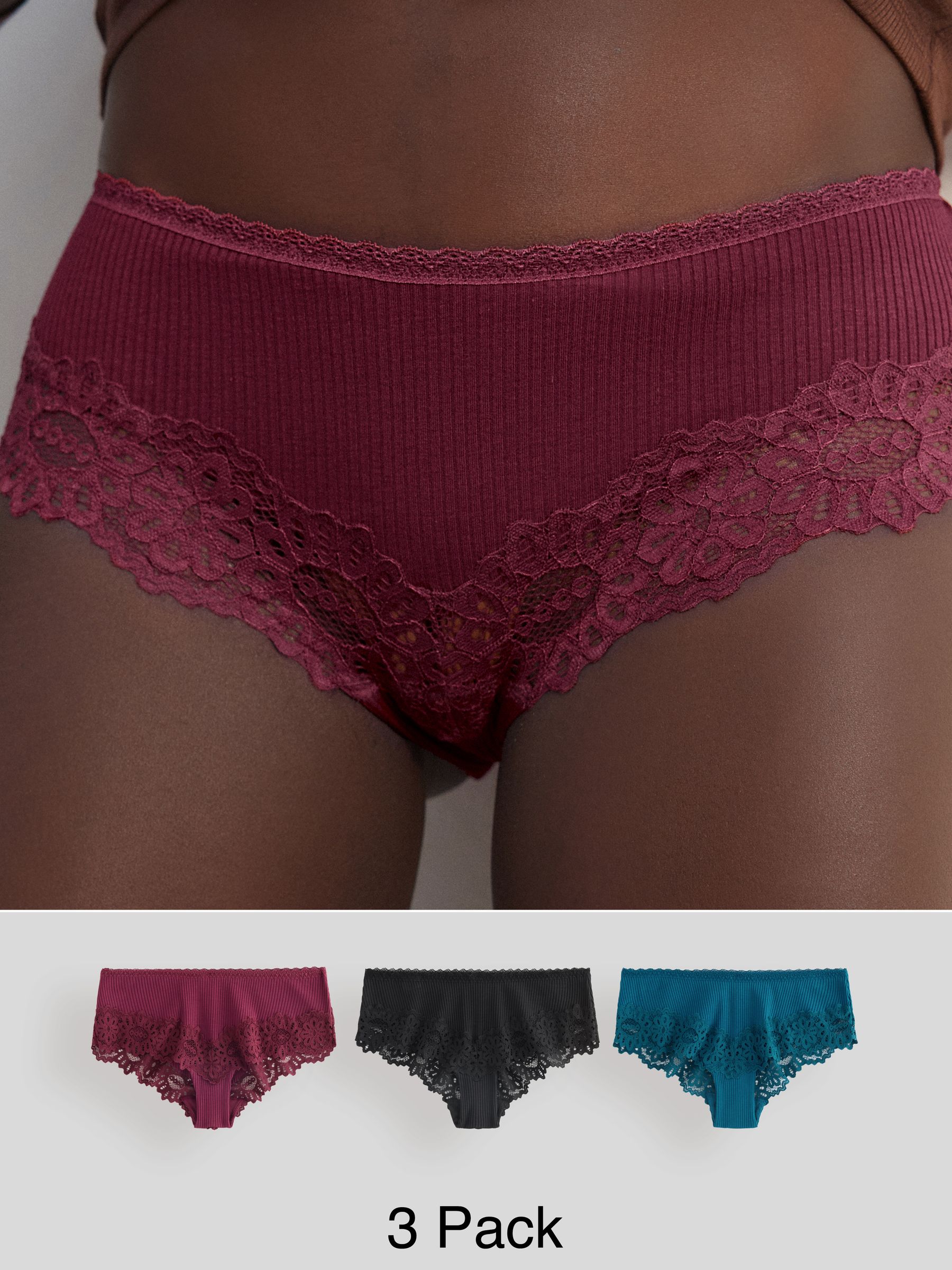 Black/Teal/Berry - Set van 3 geribbelde slips met kanten bovenkant