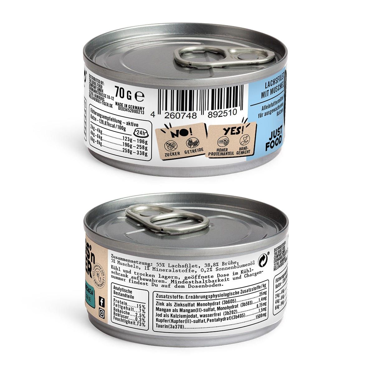 Dogs’n Tiger Adult Premium Katzenfutter Wonne, Nassfutter, Getreidefrei, Lachs & Muscheln