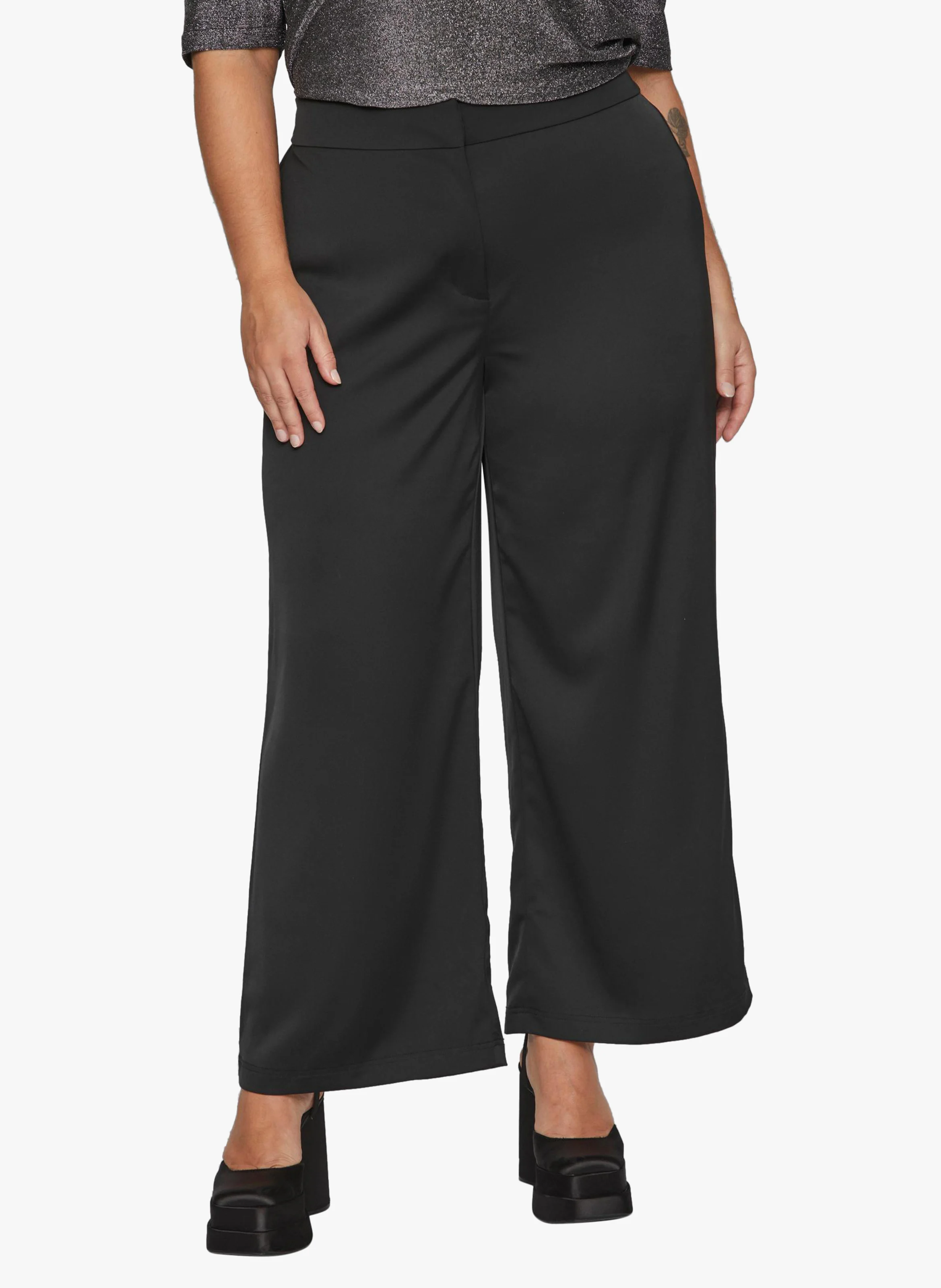 KAY - Pantalon droit taille haute en satin | Noir