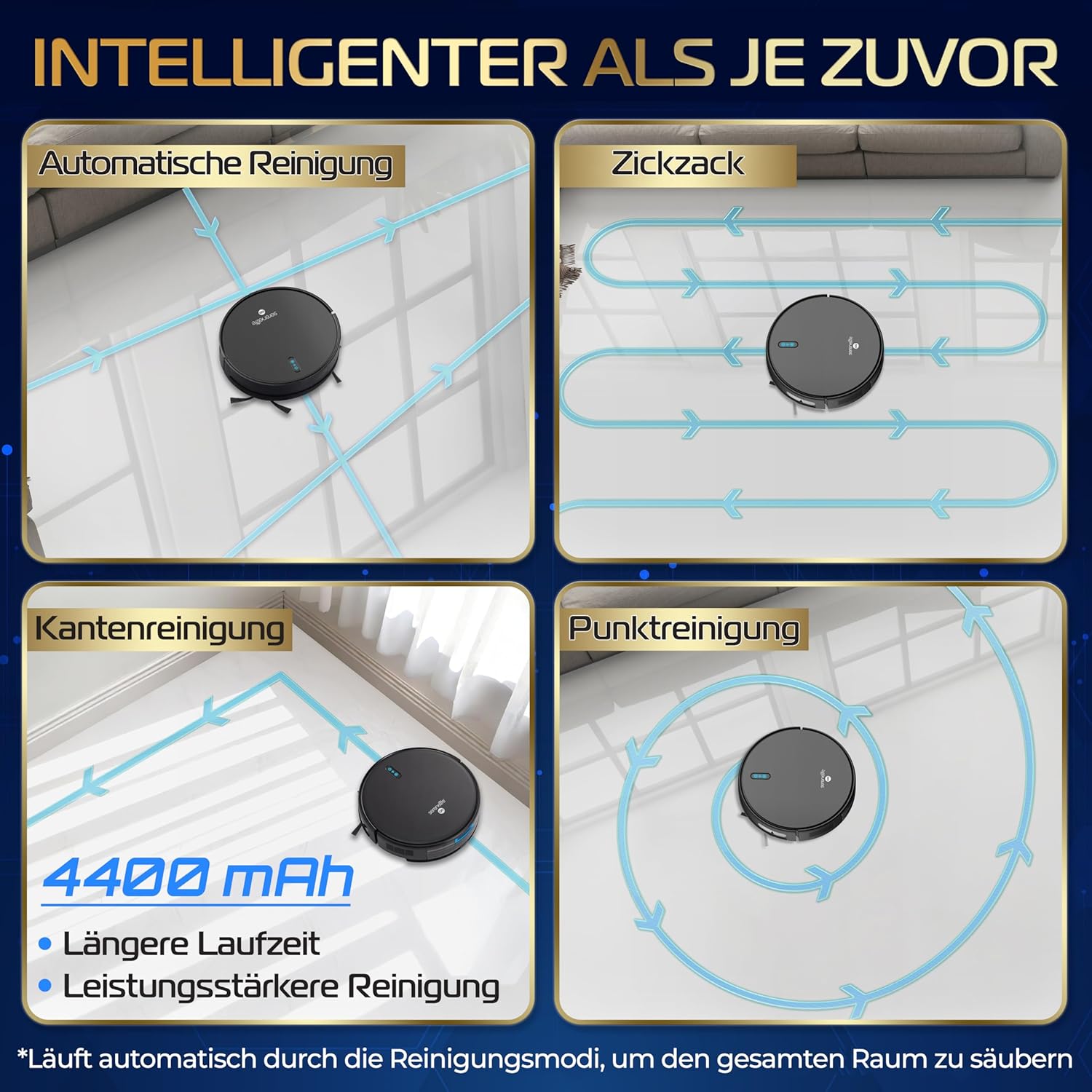 SereneLife Saug Wischroboter mit Selbstreinigung, 3000pa- Saugwischer Roboter, Saugroboter mit APP Steuerung & Selbstaufladend, 4 Reinigungsmodi, Staubsauger Roboter für Tierhaare, Weiche/Harte Böden