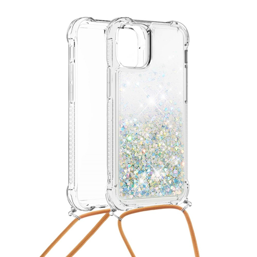 iPhone 13 Necklace Gummi Hülle Liquid Glitzer   Handykette (130cm) - Braun / Silber