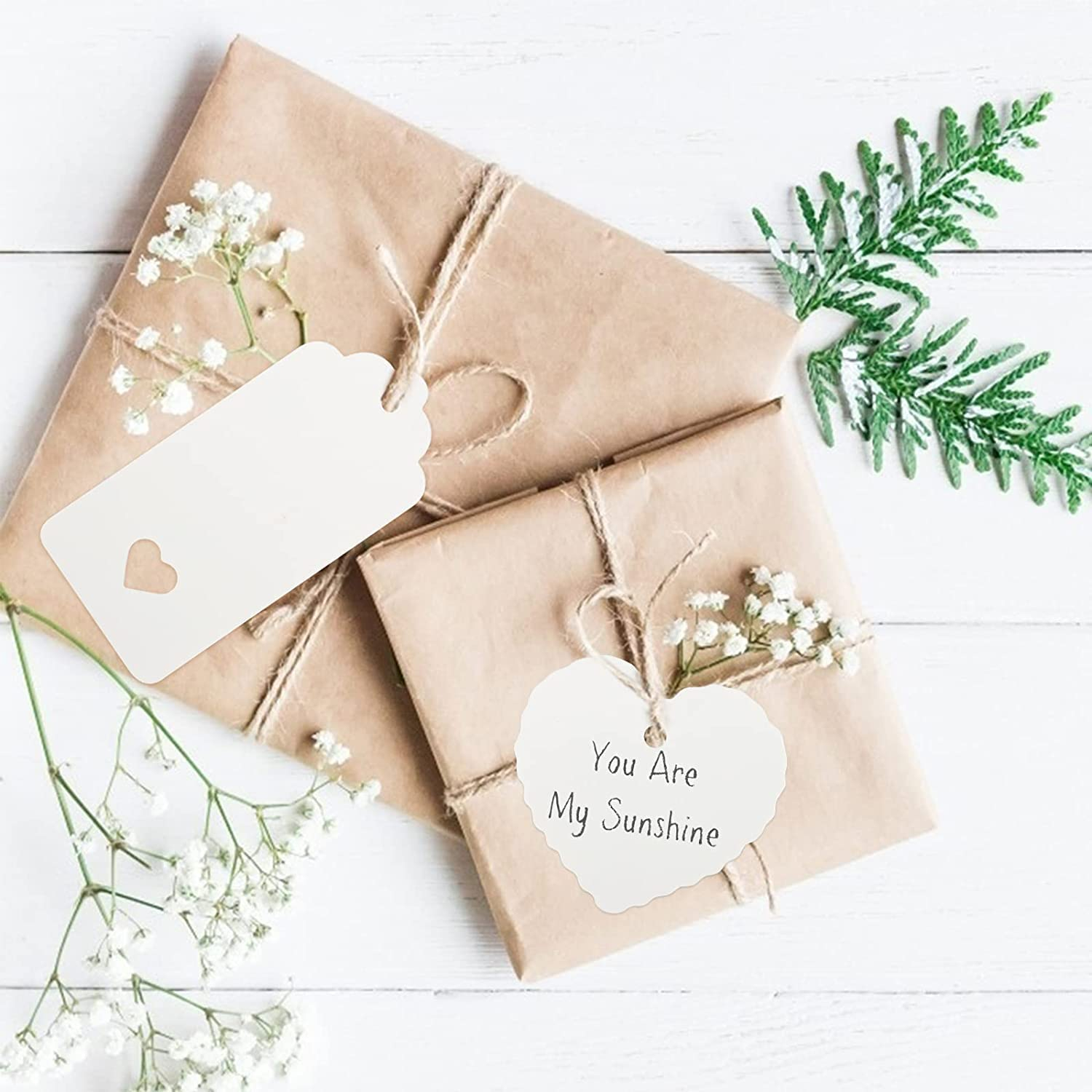 (100er Set) Geschenk Anhänger Bastel Etiketten Herz Kraftpapieranhänger   Jute Schnur - Weiss