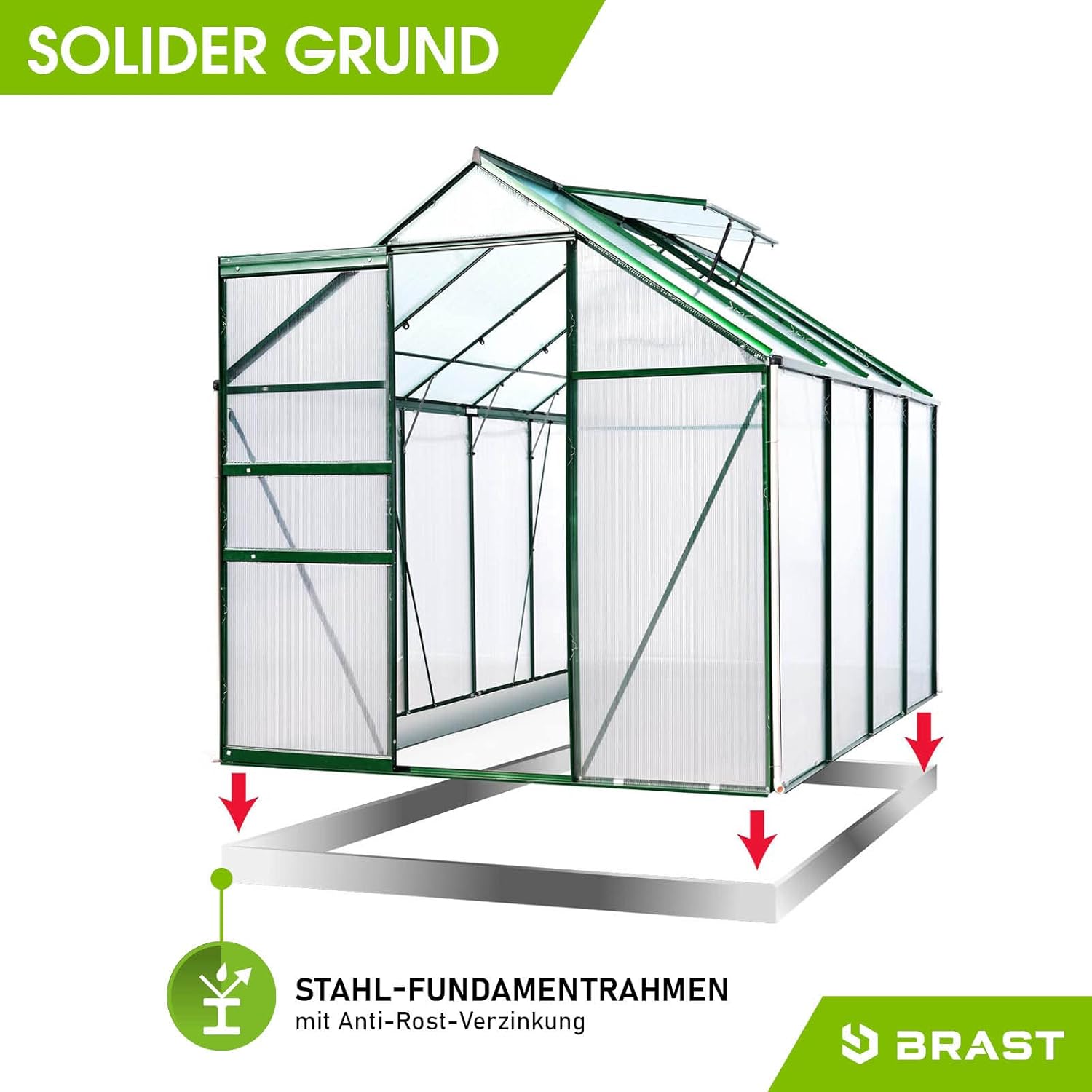 BRAST Gewächshaus Aluminium mit Fundament | 42 Modelle | 130x190x195cm - 490x250x235cm | TÜV geprüft | 6mm Hohlkammerplatten | rostfrei wetterfest temperaturbeständig | 250x190x195cm Grün