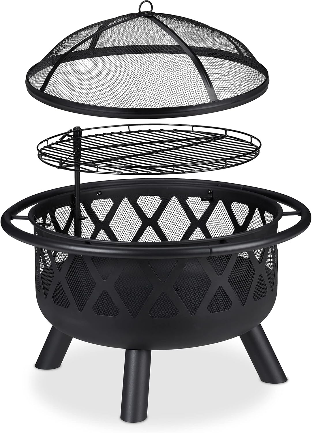 Relaxdays Feuerschale mit Grillrost, Funkenschutz & Schürhaken, Ø 75 cm, Stahl, Feuerstelle Garten & Terrasse, schwarz, 68.5 x 75 x 75 cm