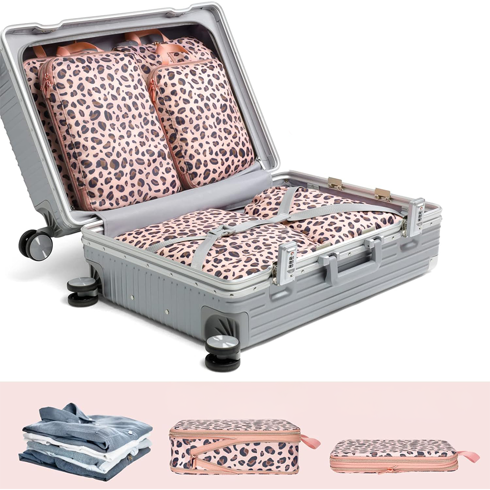 (6-tlg. Set) Spritzwasserfester Koffer Organizer Reise Gepäck Kompressions Kleidertaschen Leopard - Rosa / Braun