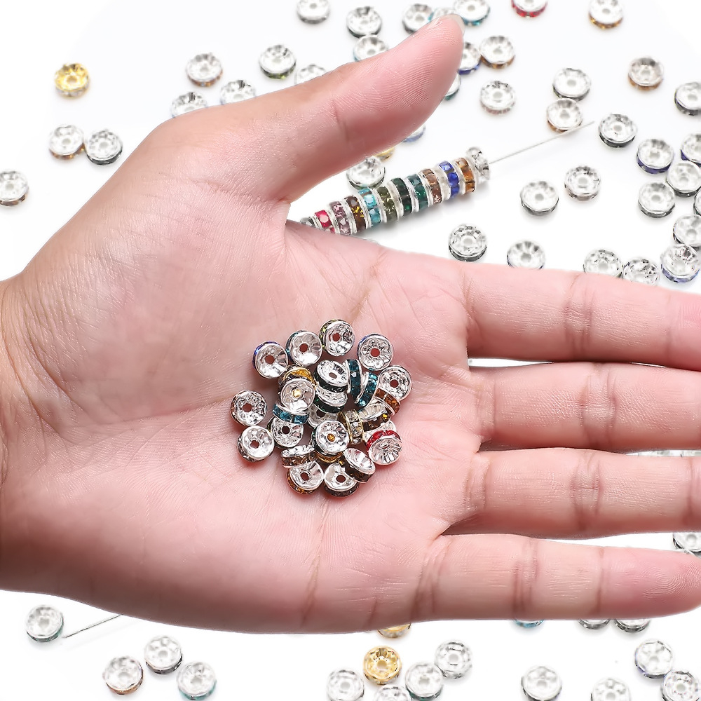 (50er Set) Strass Perlen DIY Bastel Schmuck Glitzer Zwischenperle für Armband / Kette - Silber / Assortiert