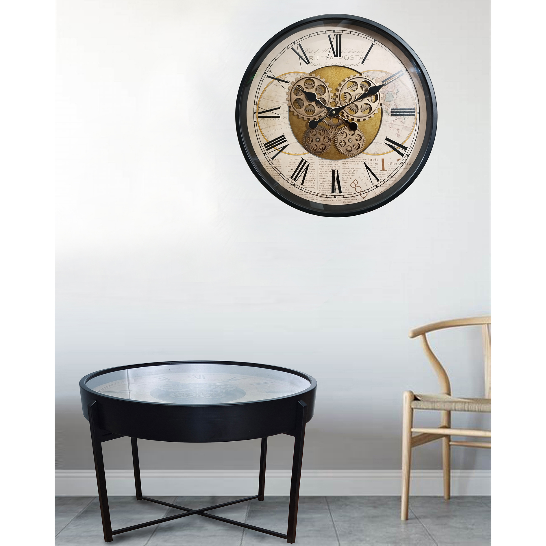 Couchtisch - schwarz-beige - mit Uhr - Ø 72 cm